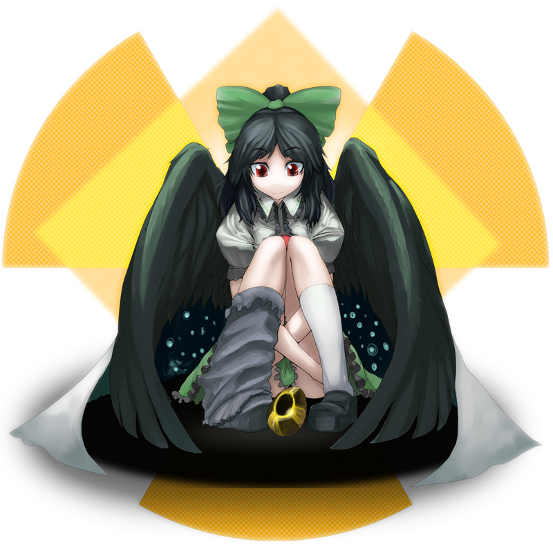 arugeri, reiuji utsuho, touhou, 1girl, black hair, black wings, bow, cape, egg, female focus, hair bow, hugging own legs, large bow, long hair, looking down, no nose, radiation symbol, radioactive, red eyes, sitting, solo, wings
