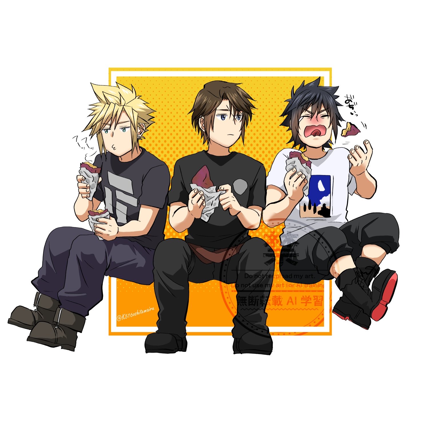 k516oshitemairu, cloud strife, noctis lucis caelum, squall leonhart, final fantasy, final fantasy vii, final fantasy viii, final fantasy xv, highres, 3boys, baggy pants, belt, black boots, black hair, black pantyhose, black shirt, blonde hair, blowing on food, blue eyes, blush, boots, border, brown belt, brown boots, brown hair, closed eyes, earrings, food, full body, furrowed brow, hair between eyes, holding, holding food, jewelry, light frown, looking at another, male focus, multiple boys, open mouth, orange background, pants, pantyhose, parted bangs, print shirt, roasted sweet potato, scar, scar on face, scar on forehead, shirt, short hair, single earring, sitting, spiked hair, sweet potato, t-shirt, tears, twitter username, wavy mouth, white border, white shirt