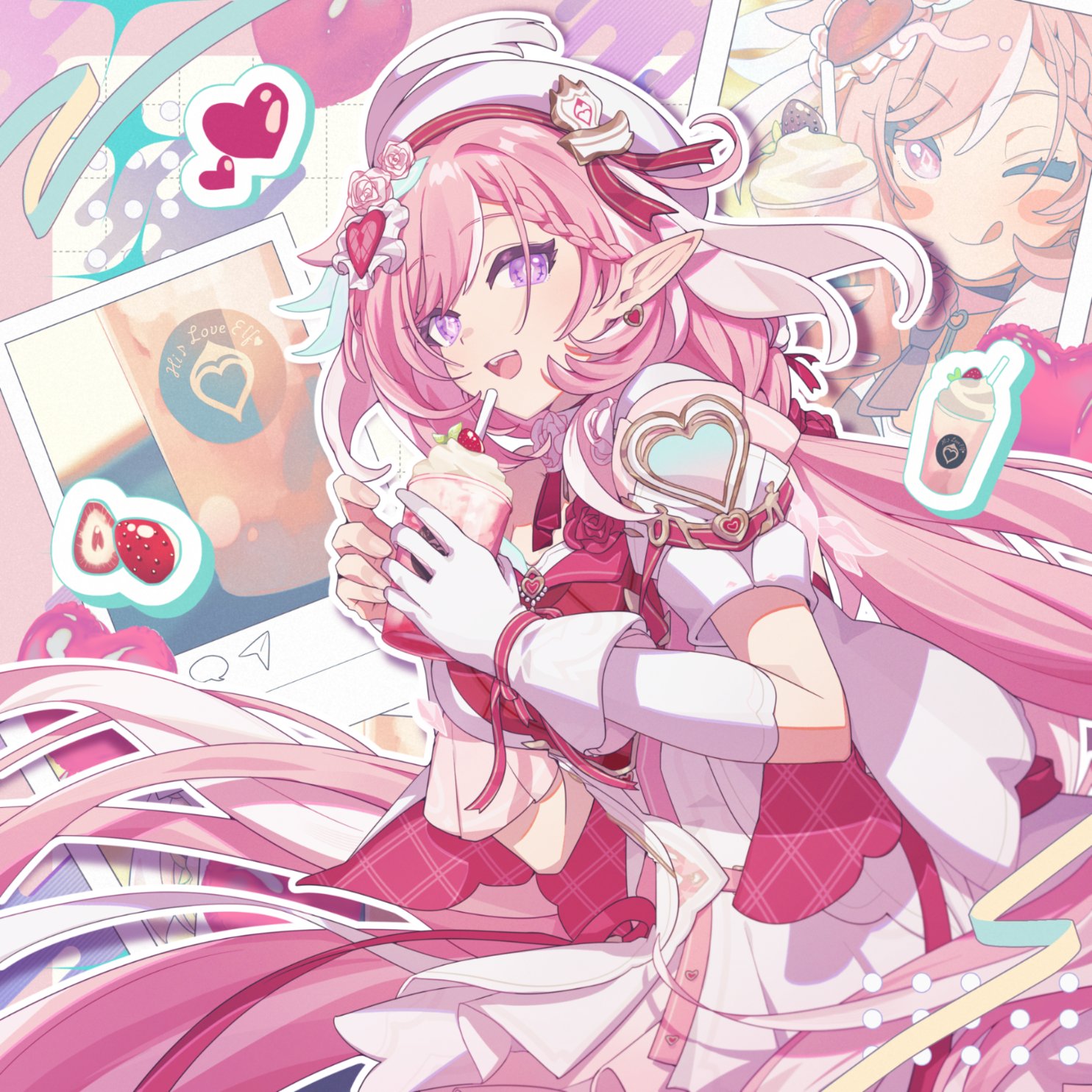 soha ez, elysia (hi love elf) (honkai impact), elysia (honkai impact), honkai (series), honkai impact 3rd, commentary request, highres, second-party source, 1girl, ;p, beret, breasts, cup, diamond-shaped pupils, diamond (shape), dress, earrings, elf, food, gloves, hat, heart, heart earrings, holding, holding cup, ice cream, jewelry, large breasts, long hair, one eye closed, open mouth, pink hair, pointy ears, purple eyes, red dress, solo, sundae, symbol-shaped pupils, tongue, tongue out, two-tone dress, very long hair, white dress, white gloves