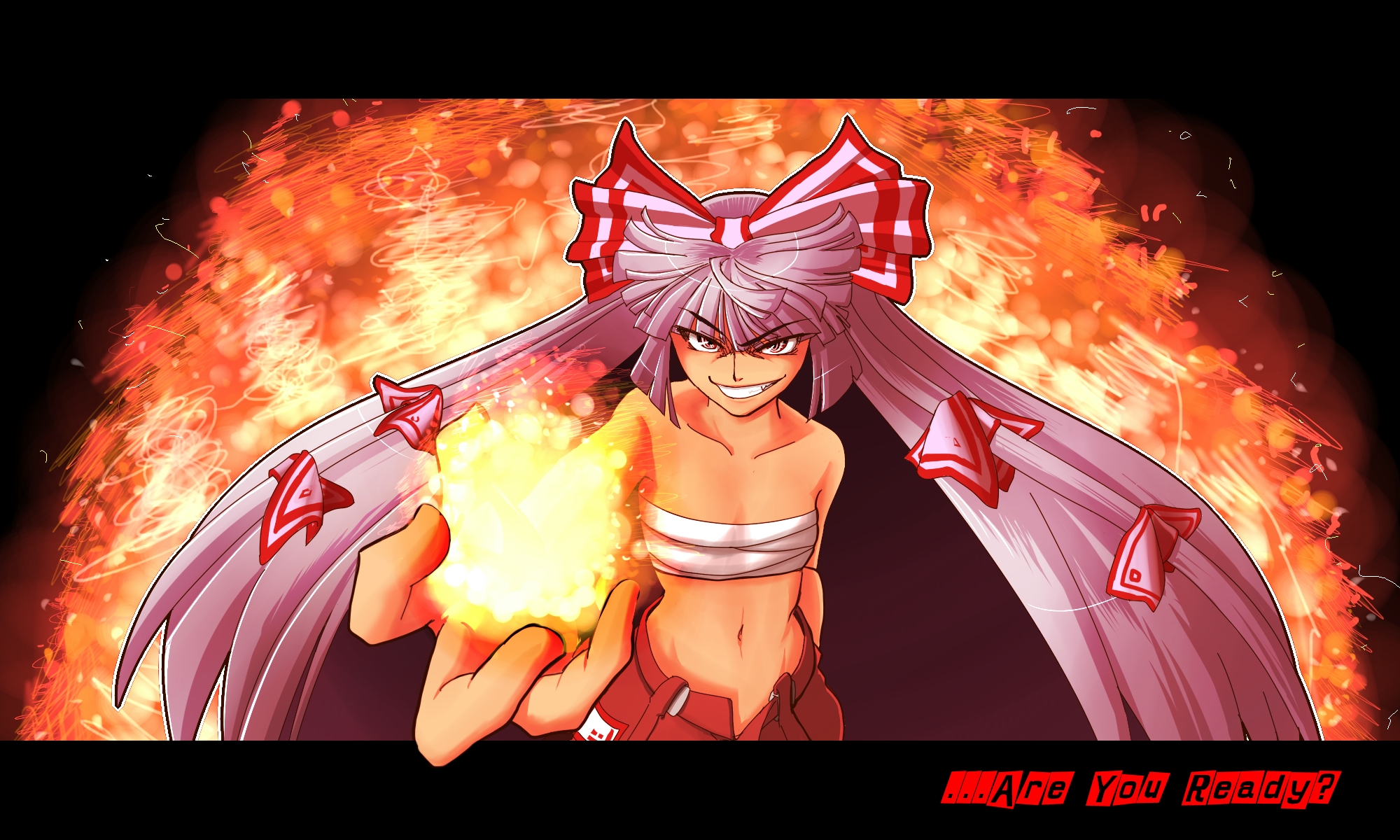 kato (artist), kato (mogumoguokome), fujiwara no mokou, touhou, silver hair, highres, 1girl, bow, female focus, fire, hair bow, hair ribbon, long hair, midriff, multiple hair bows, navel, red eyes, ribbon, sarashi, solo, suspenders, very long hair