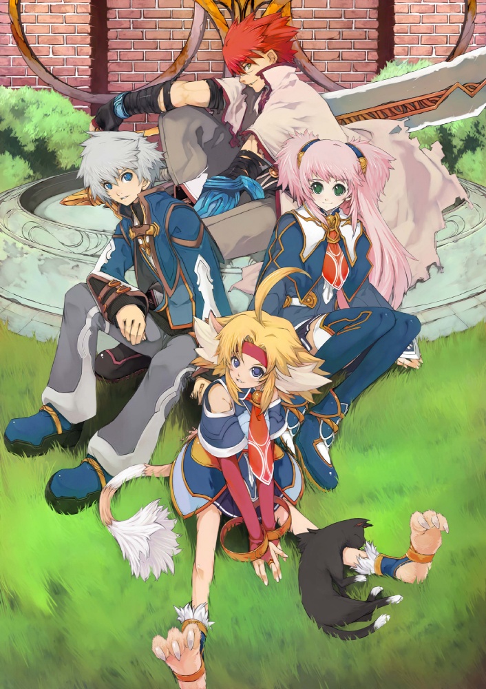 yoshizumi kazuyuki, flay gunnar, nicole mimi tithel, philomel hartung, sulpher (mana khemia), vayne aurelius, atelier (series), gust, mana khemia, mana khemia (series), official art, 2boys, 2girls, ahoge, animal ears, blonde hair, blue eyes, boots, bridal gauntlets, cat, cat ears, coat, cropped jacket, green eyes, grey hair, headband, jacket, long hair, long sleeves, multiple boys, multiple girls, necktie, pink hair, pleated skirt, red hair, school uniform, short hair, sitting, skirt, tail, thighhighs, twintails, two side up