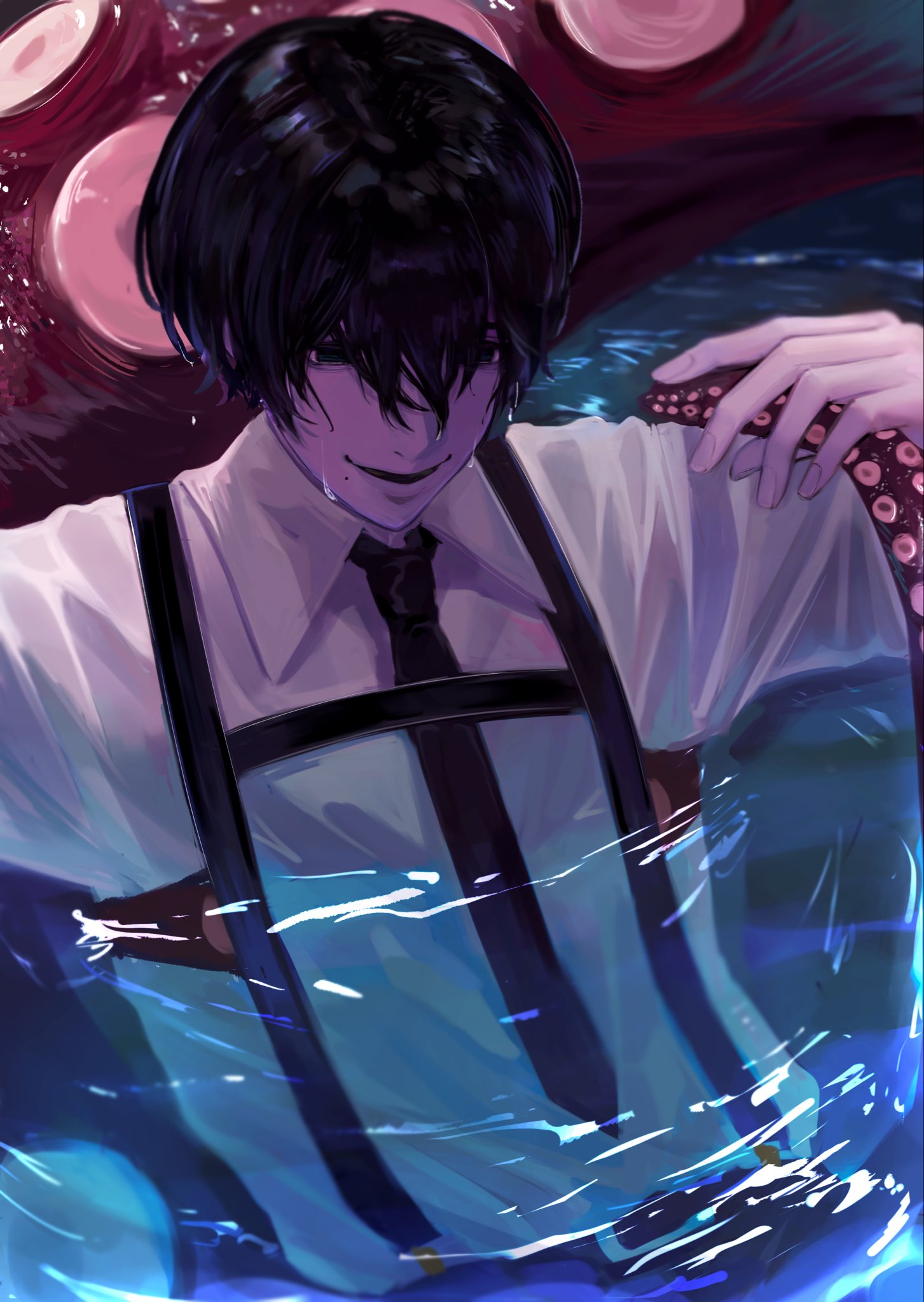 yoshida hirofumi, chainsaw man, highres, 1boy, black eyes, black hair, black necktie, collared shirt, hair between eyes, male focus, necktie, ong full, partially submerged, shirt, short hair, solo, suspenders, tentacles, water, wet, wet hair, white shirt
