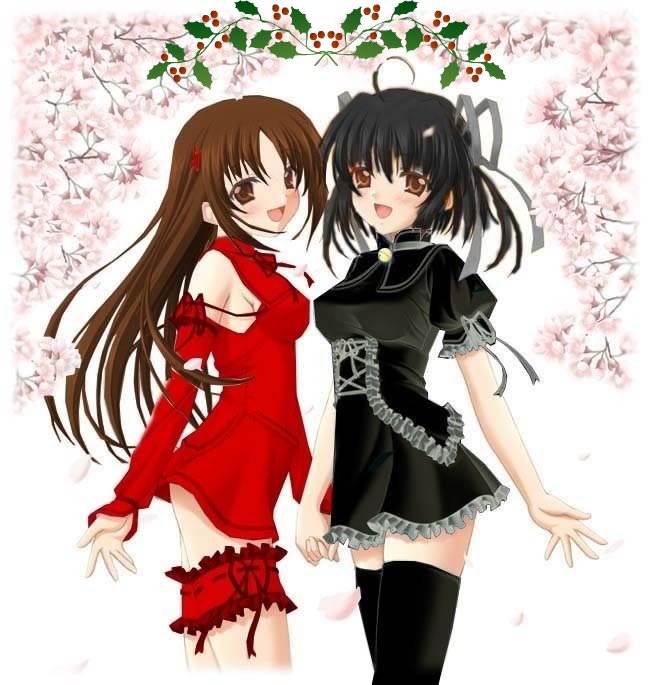 2girls, black hair, blush, brown eyes, brown hair, dress, hair ribbon, long hair, multiple girls, open mouth, ribbon, short hair