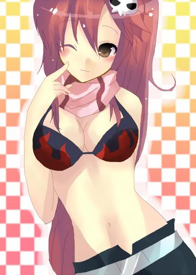 :3, blush, bra, breasts, brown eyes, cleavage, hair ornament, hairpin, lingerie, long hair, navel, pink hair, underwear, wink