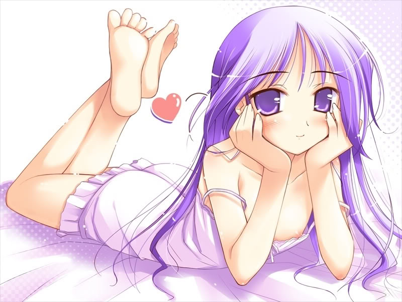 ko~cha, watarase jun, happiness!, game cg, 00s, 1boy, barefoot, blush, chemise, feet, flat chest, heart, long hair, lying, male focus, nipple slip, nipples, on stomach, purple eyes, purple hair, smile, soles, solo, strap slip, trap