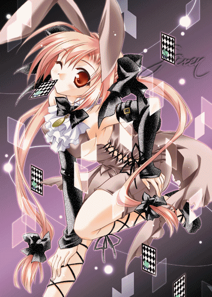 animal ears, blush, bow, glitter, hair bow, long hair, mouth hold, orange hair, rabbit ears, red eyes, wink