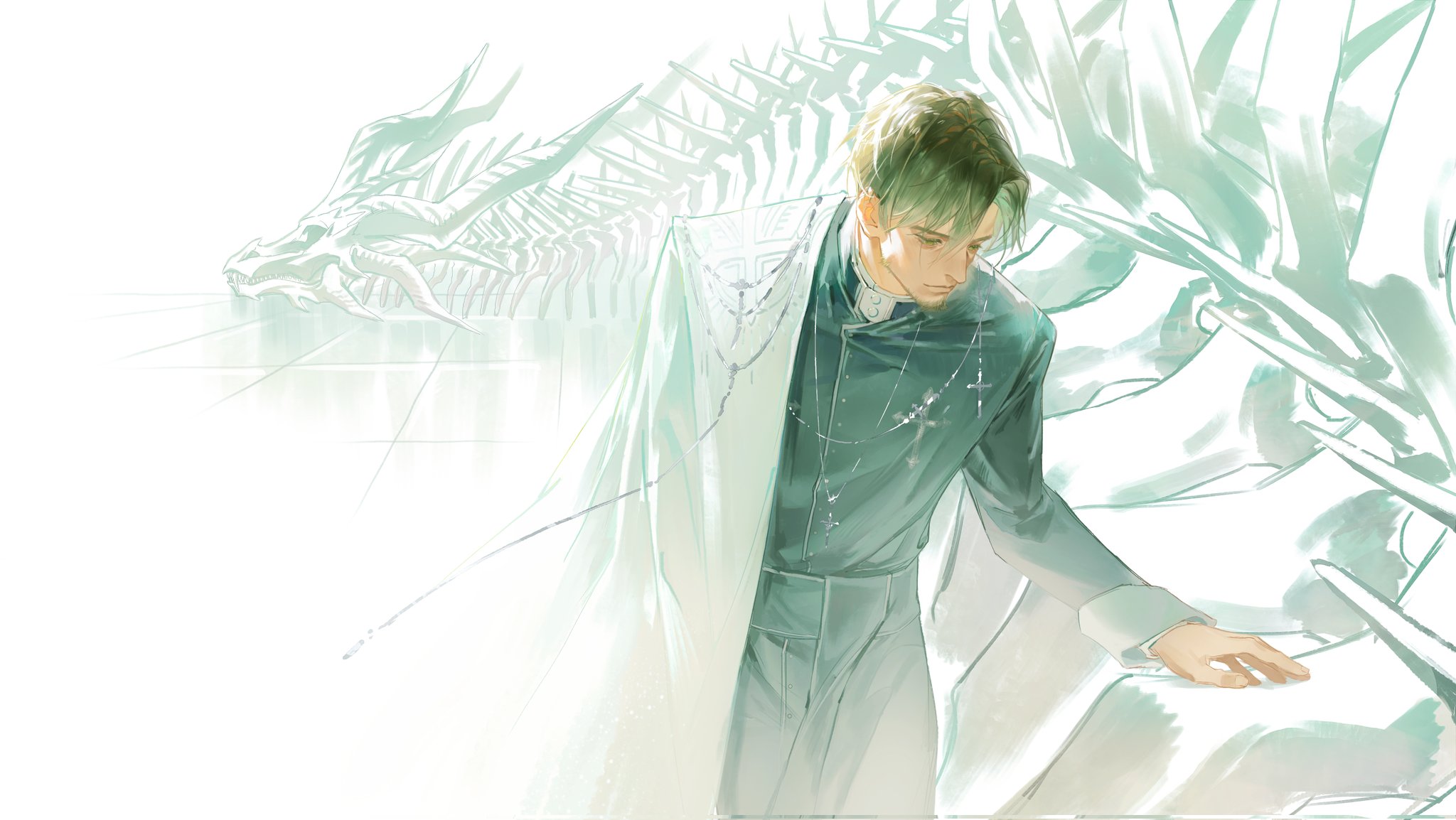 original, hashtag-only commentary, highres, 1boy, animal, belt, black hair, black shirt, collar, cowboy shot, cross pendant, curtained hair, dragon, goo g000, jacket, jacket partially removed, leaning forward, male focus, multiple necklaces, oversized animal, shirt, short hair, skeleton, solo, tile floor, tiles, white jacket