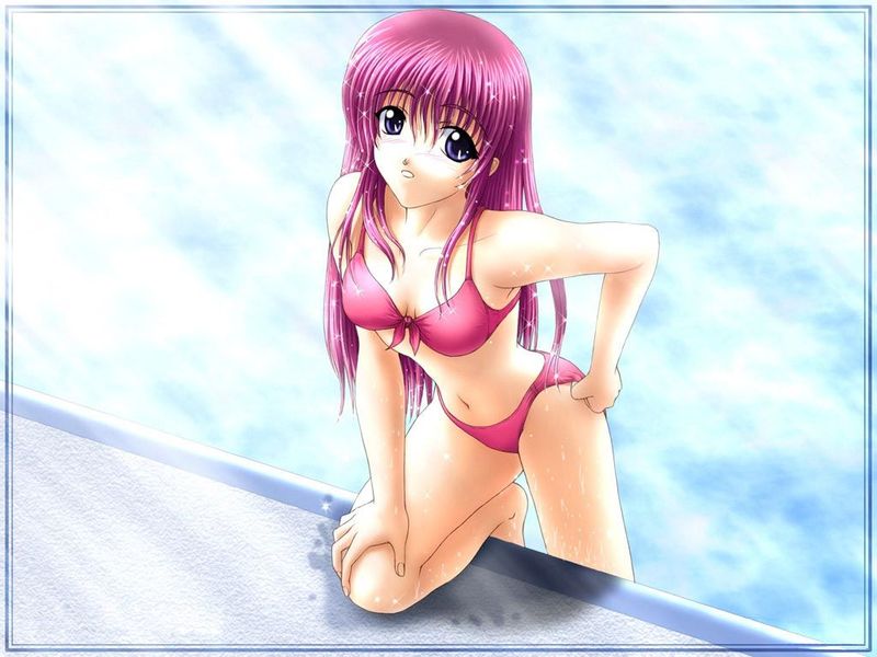 bikini, bra, breasts, cleavage, hand on own hip, hip focus, lingerie, long hair, narrow waist, navel, purple eyes, purple hair, swimsuit, thighhighs, underwear, wet