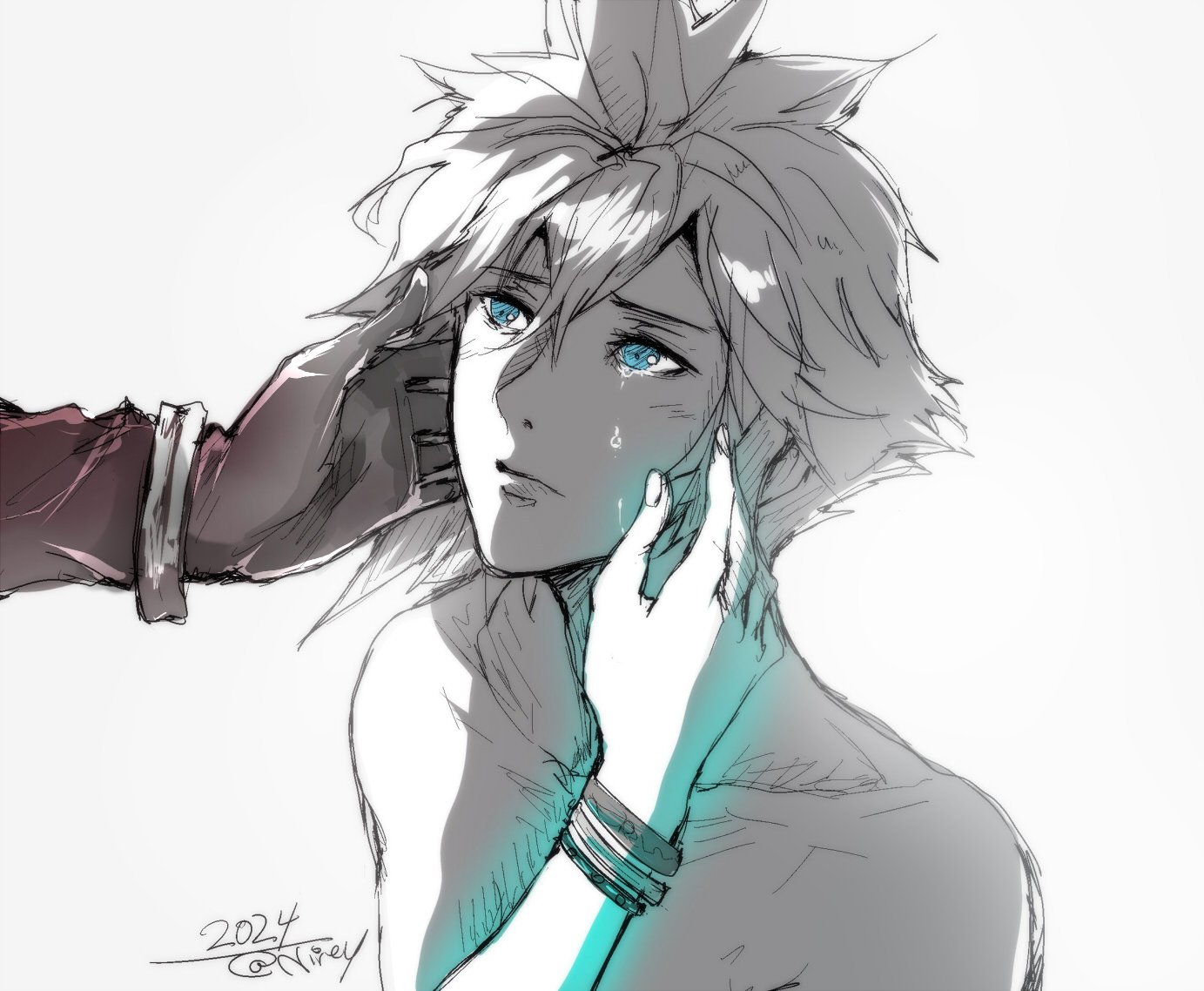 herzloserengel, aerith gainsborough, cloud strife, sephiroth, final fantasy, final fantasy vii, final fantasy vii rebirth, final fantasy vii remake, 1girl, 2024, 2boys, bangle, black coat, black gloves, blue eyes, bracelet, coat, gloves, hair between eyes, hand on another's cheek, hand on another's face, jewelry, light blush, male focus, multiple boys, short hair, sketch, tears, topless male, twitter username