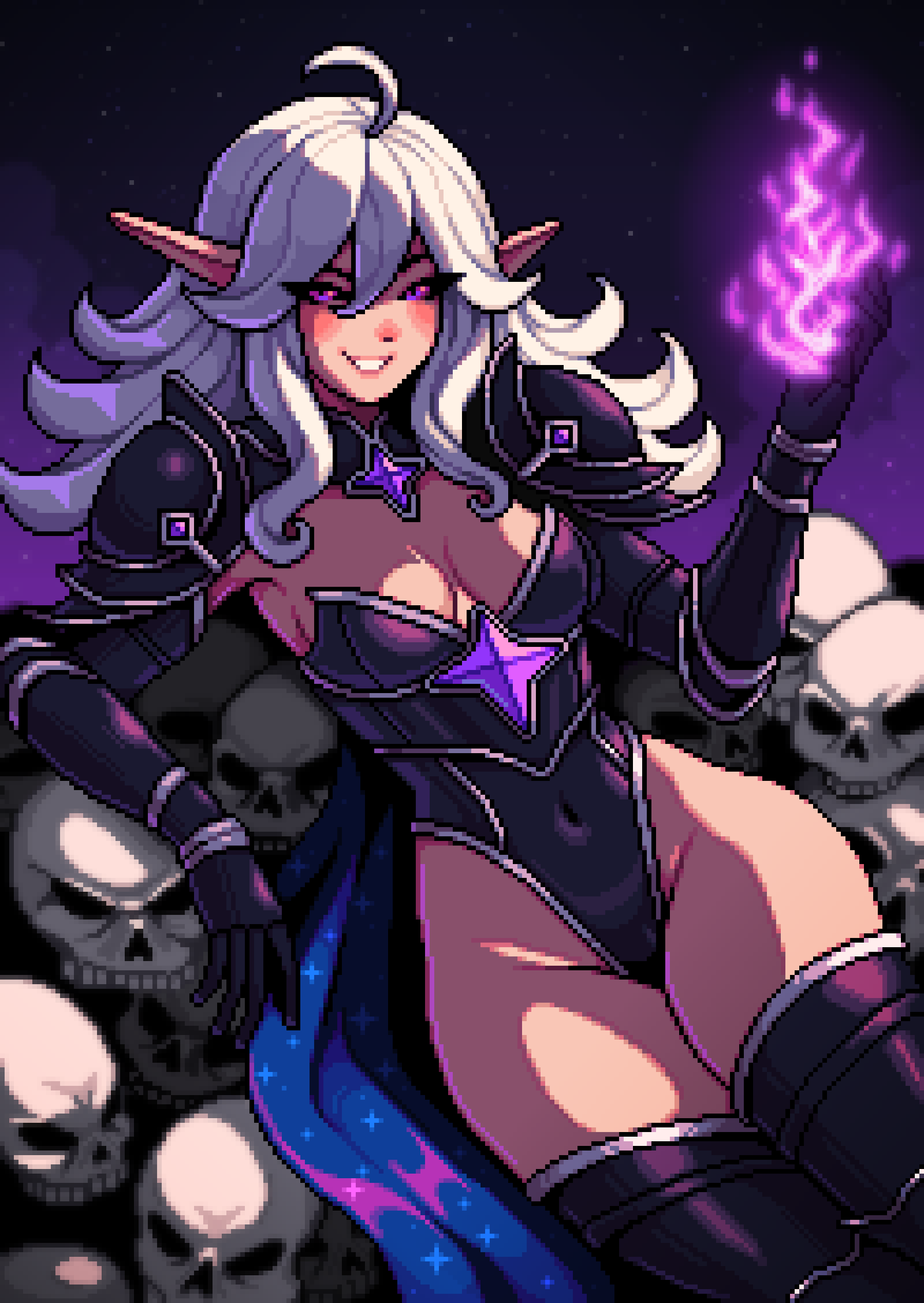 yumykon, satomi (yumyverse), yumyverse, absurdres, character request, commentary, english commentary, highres, 1girl, ahoge, aseprite (medium), breasts, cosplay, covered navel, highleg, highleg leotard, leotard, long hair, looking at viewer, medium breasts, pixel art, pointy ears, purple eyes, skull, solo, strapless, strapless leotard, thick thighs, thighs, white hair, wide hips