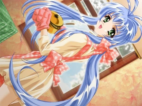 1girl, :d, apron, blue hair, bow, cooking, cowboy shot, dutch angle, female focus, food, green eyes, hair bow, indoors, kitchen, long hair, looking at viewer, looking back, mittens, open mouth, smile, solo, standing, turning head, very long hair, window