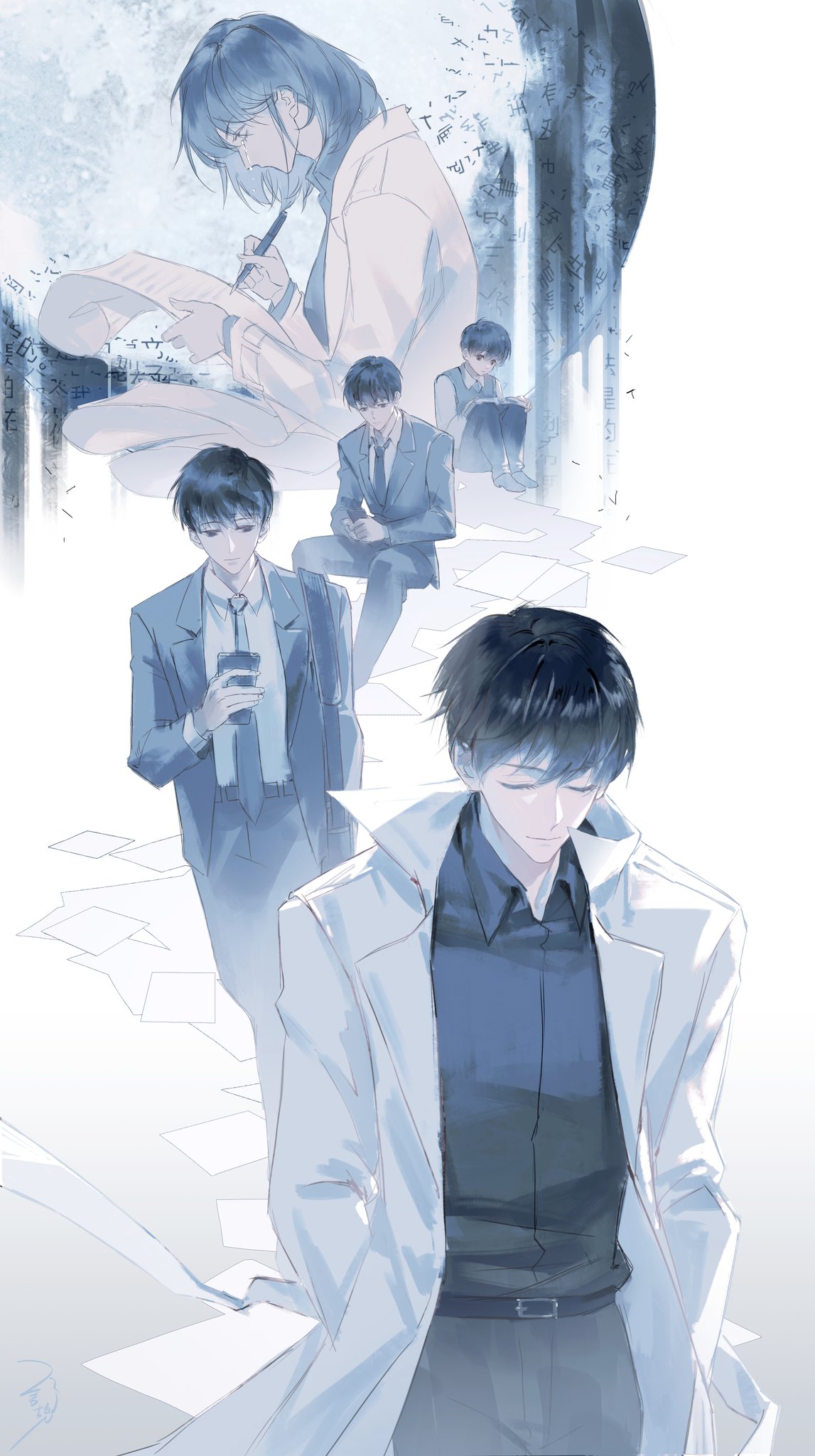 kim dokja, omniscient reader's viewpoint, commentary, english commentary, highres, translation request, 1girl, 4boys, age progression, bag, black hair, black necktie, black shirt, black vest, bob cut, book, chinese text, coat, collared shirt, crying, crying with eyes open, flying paper, full body, goo g000, holding, holding book, holding paper, holding pen, holding phone, knees up, looking at phone, multiple boys, necktie, official alternate costume, open clothes, open coat, paper, pen, phone, popped collar, scroll, shirt, short hair, shoulder bag, slouching, tears, vest, walking, white coat, writing
