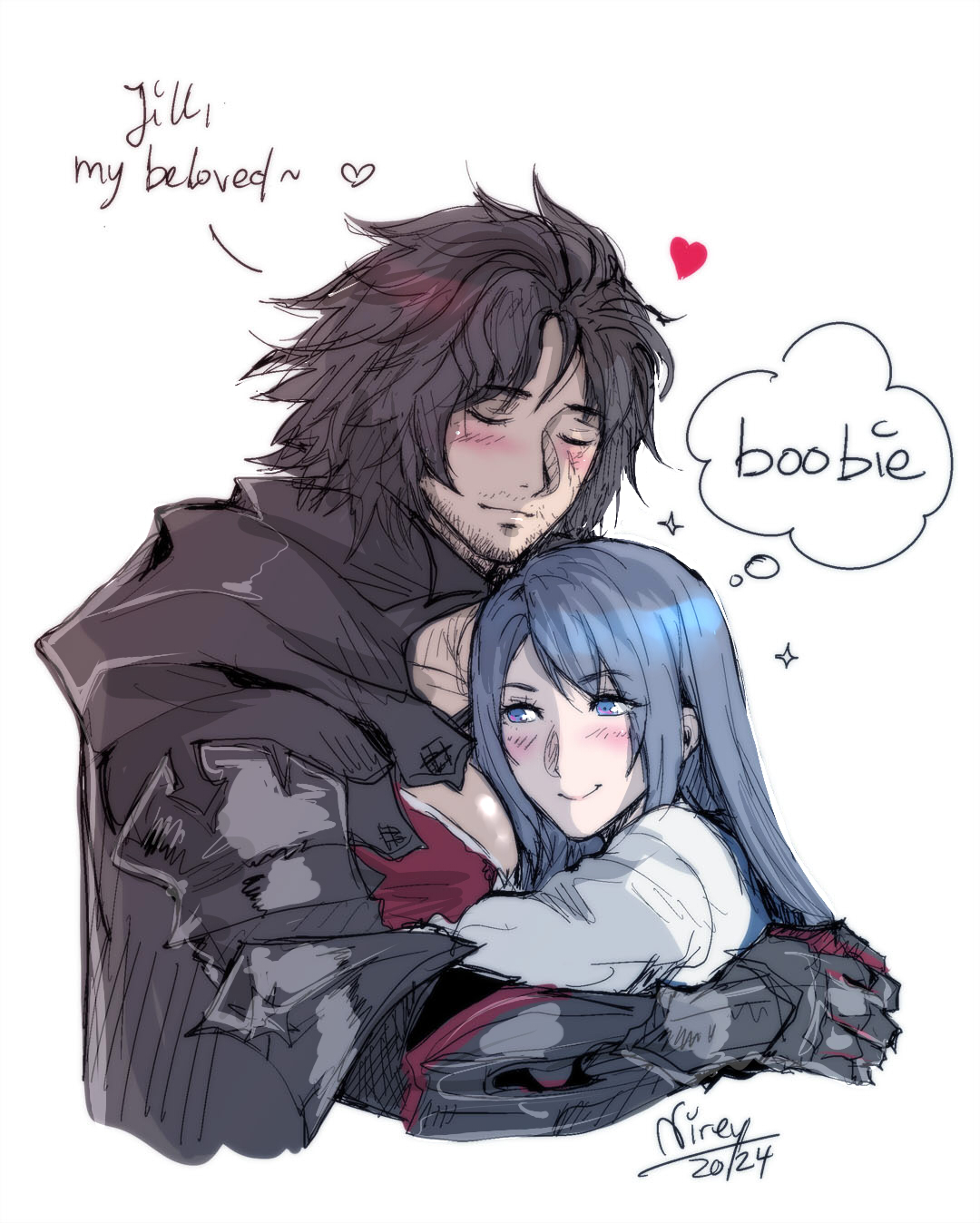herzloserengel, clive rosfield, jill warrick, final fantasy, final fantasy xvi, highres, 1boy, 1girl, 2024, armor, armored gloves, artist name, beard stubble, black armor, black cloak, black hair, blue vest, blush, cloak, closed eyes, closed mouth, couple, english text, facial hair, facial scar, grey eyes, grey hair, hetero, hug, long hair, pectorals, red vest, scar, scar on cheek, scar on face, shirt, short hair, shoulder armor, smile, sparkle, stubble, upper body, vest, white background, white shirt