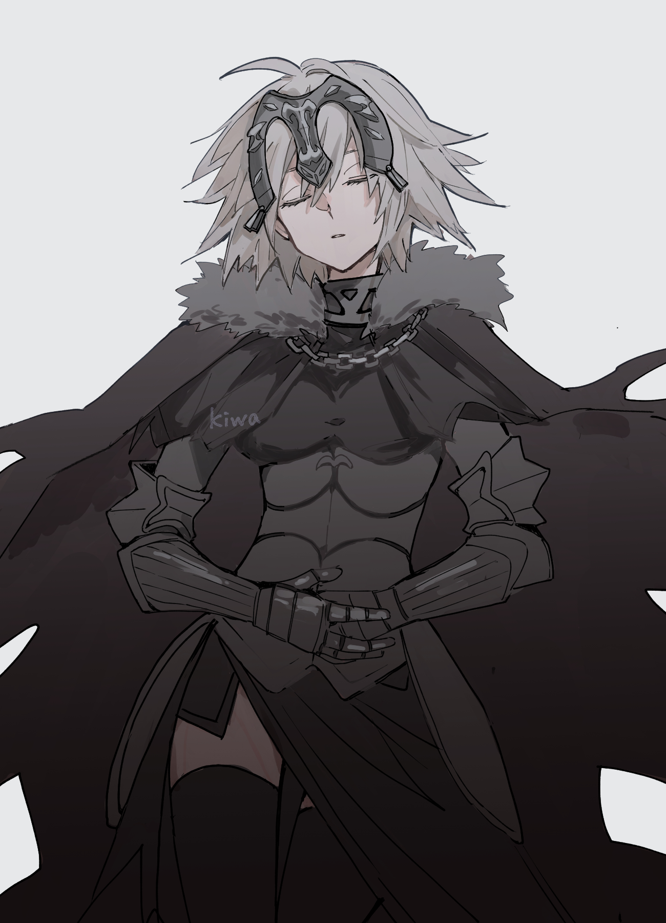 ki wa001, jeanne d'arc alter (avenger) (fate), jeanne d'arc alter (fate), fate/grand order, fate (series), highres, 1girl, ahoge, armor, armored dress, black cape, black thighhighs, breasts, cape, chain, closed eyes, dress, fur trim, gauntlets, gloves, greyscale, hands on own stomach, headpiece, monochrome, short hair, simple background, solo, thighhighs, thighs, white background, yellow eyes