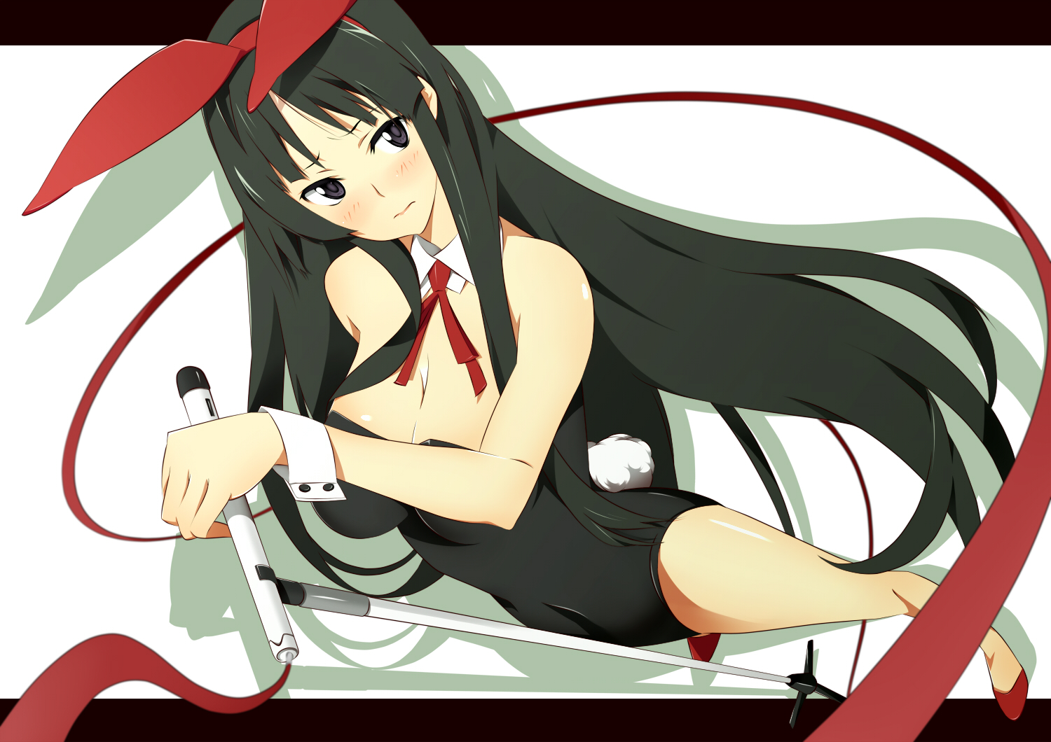 nanao (mahaya), akiyama mio, k-on!, bad id, bad pixiv id, 00s, 1girl, animal ears, bare shoulders, black eyes, black hair, blunt bangs, blush, breasts, cable, fake animal ears, female focus, foreshortening, hime cut, large breasts, long hair, microphone, microphone stand, playboy bunny, rabbit ears, solo, very long hair