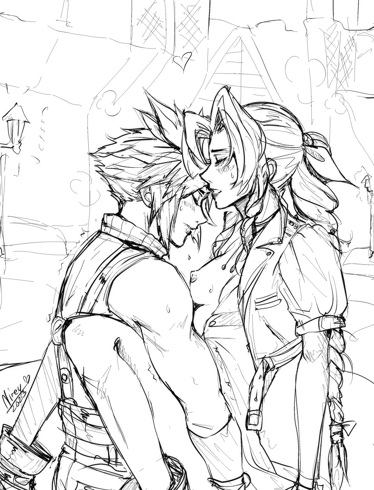 herzloserengel, aerith gainsborough, cloud strife, final fantasy, final fantasy vii, final fantasy vii remake, highres, 1boy, 1girl, 2023, artist name, blush, boots, braid, braided ponytail, breasts, choker, closed eyes, couple, cropped jacket, dress, greyscale, hair ribbon, hetero, long hair, medium breasts, monochrome, nipples, open clothes, open dress, parted bangs, parted lips, puffy short sleeves, puffy sleeves, ribbon, sex, short hair, short sleeves, sidelocks, single bare shoulder, single braid, sketch, sleeveless, sleeveless turtleneck, spiked hair, suspenders, sweat, turtleneck