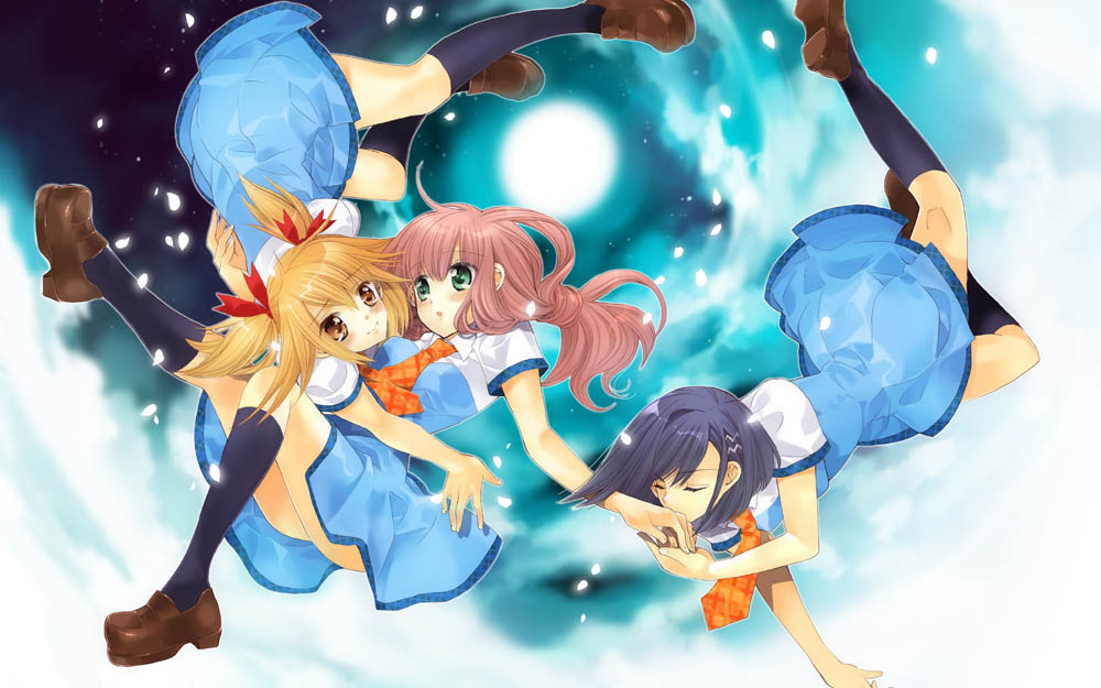 edoya pochi, inukkoro, aizawa yasumi, akita momoko, osanai shouko, aoi shiro, 3girls, black socks, kneehighs, loafers, moon, multiple girls, night, night sky, shoes, sky, socks