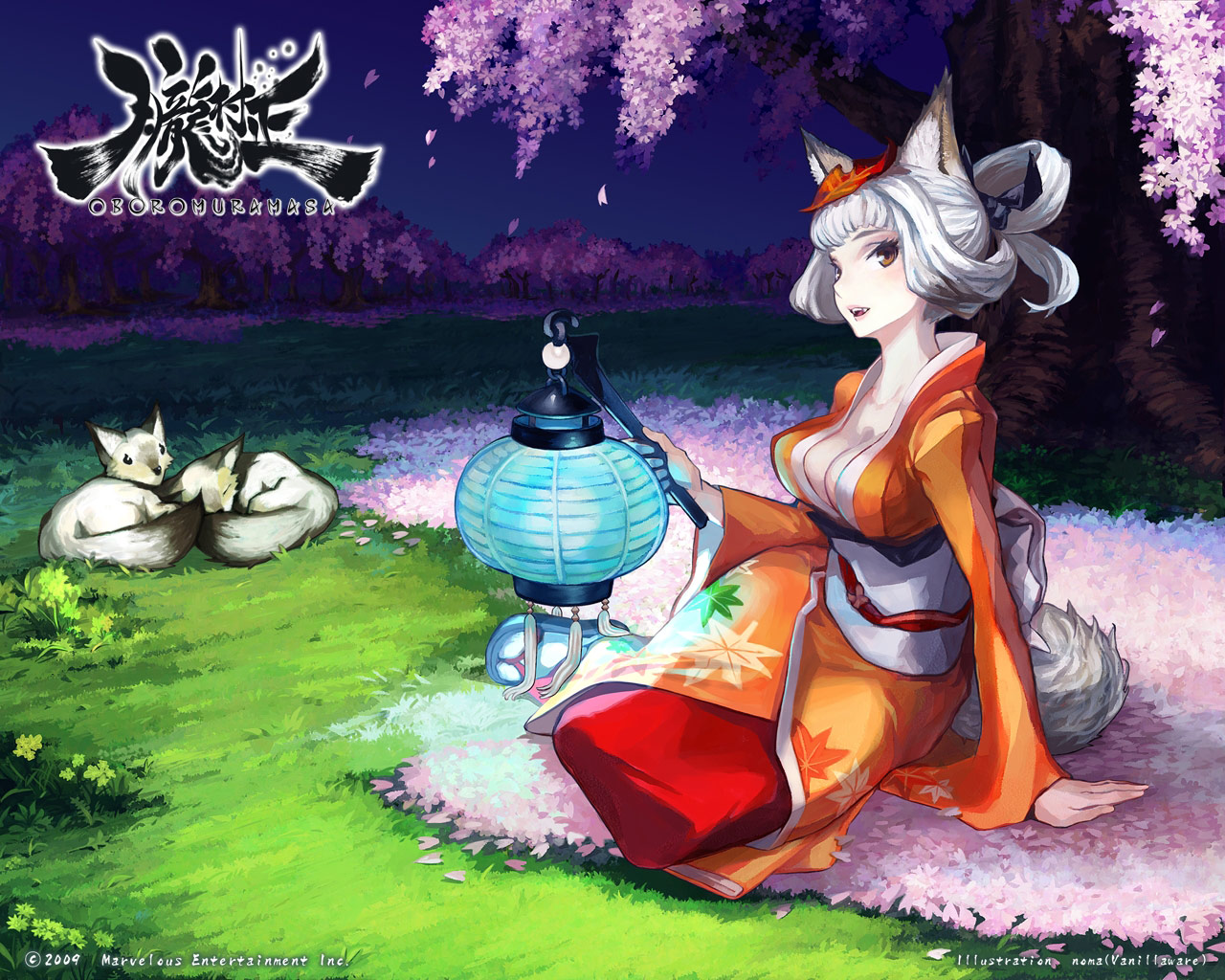 noma (vanillaware), inari, kongiku, oboro muramasa, official art, official wallpaper, 1girl, animal ears, arm support, breasts, brown eyes, cherry blossoms, cleavage, fangs, female focus, fox, fox ears, fox tail, hair up, japanese clothes, kimono, lantern, large breasts, leaf, leaf on head, night, object on head, paper lantern, sandals, scenery, sitting, sleeping, solo, tail, tassel, text focus, tree, white hair, yokozuwari