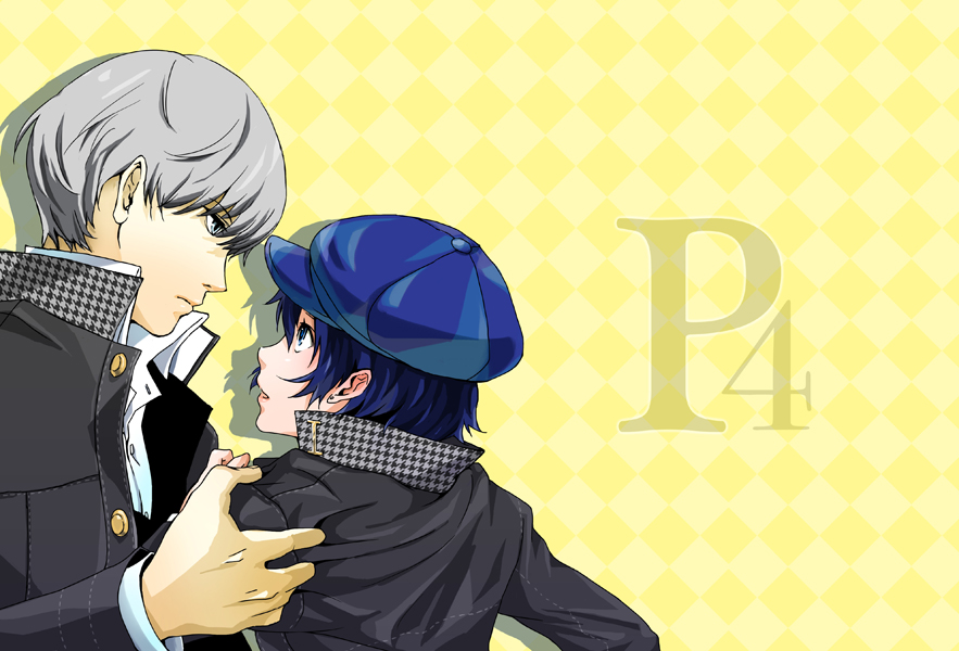 narukami yu, shirogane naoto, atlus, persona, persona 4, grabbing, 1boy, 1girl, androgynous, blue eyes, blue hair, grey hair, hat, newsboy cap, reverse trap, school uniform, short hair
