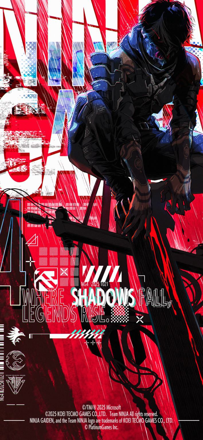 nishii tomoko, yakumo (ninja gaiden), ninja gaiden, ninja gaiden 4, highres, 1boy, arm tattoo, armor, bare shoulders, belt, black armor, black hair, black pants, black scarf, blood, cable, fangs, hand tattoo, kneeling, looking at viewer, male focus, mask, mouth mask, multicolored hair, ninja, pants, rain, red eyes, scarf, short hair, shoulder armor, shoulder plates, solo, tattoo, text background, white hair