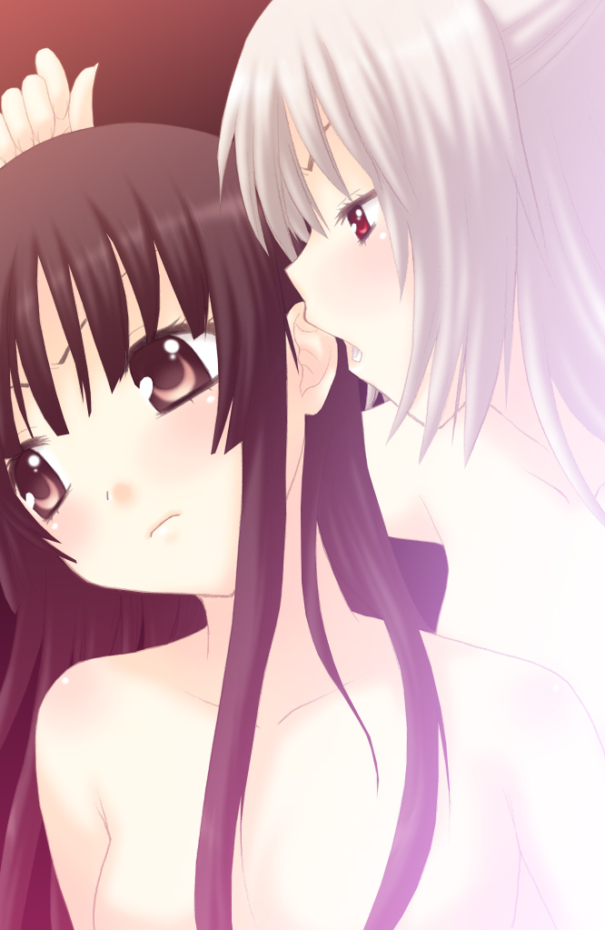 saki chisuzu, fujiwara no mokou, houraisan kaguya, touhou, biting ear, 2girls, biting, female focus, multiple girls, nude, topless female, yuri
