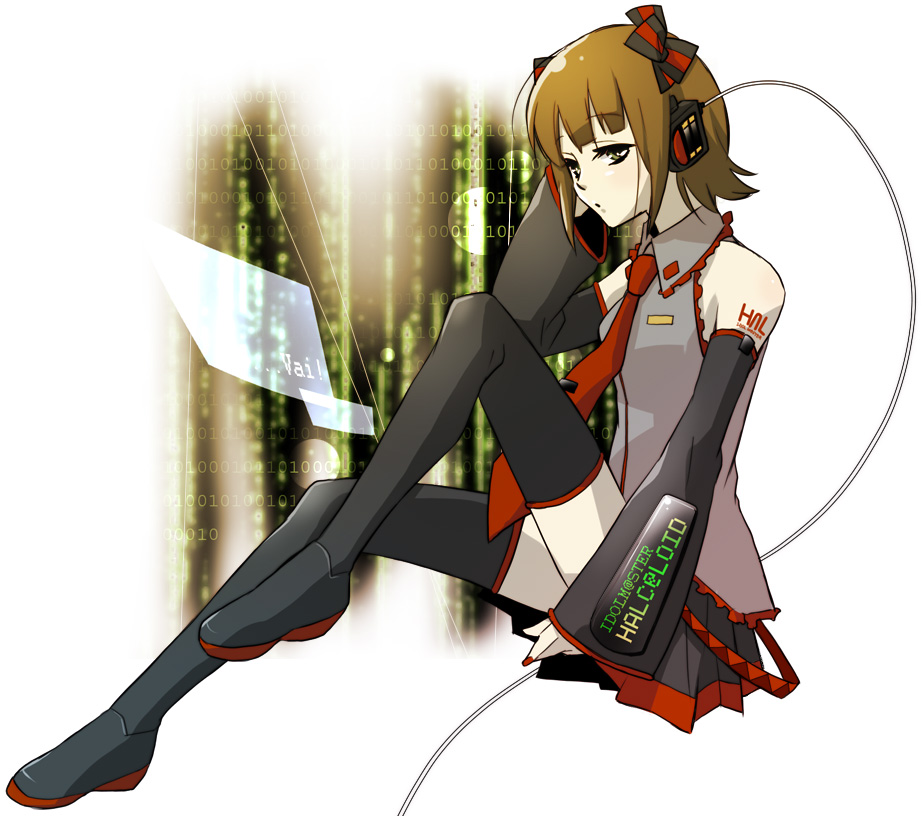 dorei k, amami haruka, zatsune miku, idolmaster, idolmaster (classic), vocaloid, 1girl, binary, cosplay, detached sleeves, female focus, full body, headset, solo, thighhighs, zatsune miku (cosplay)