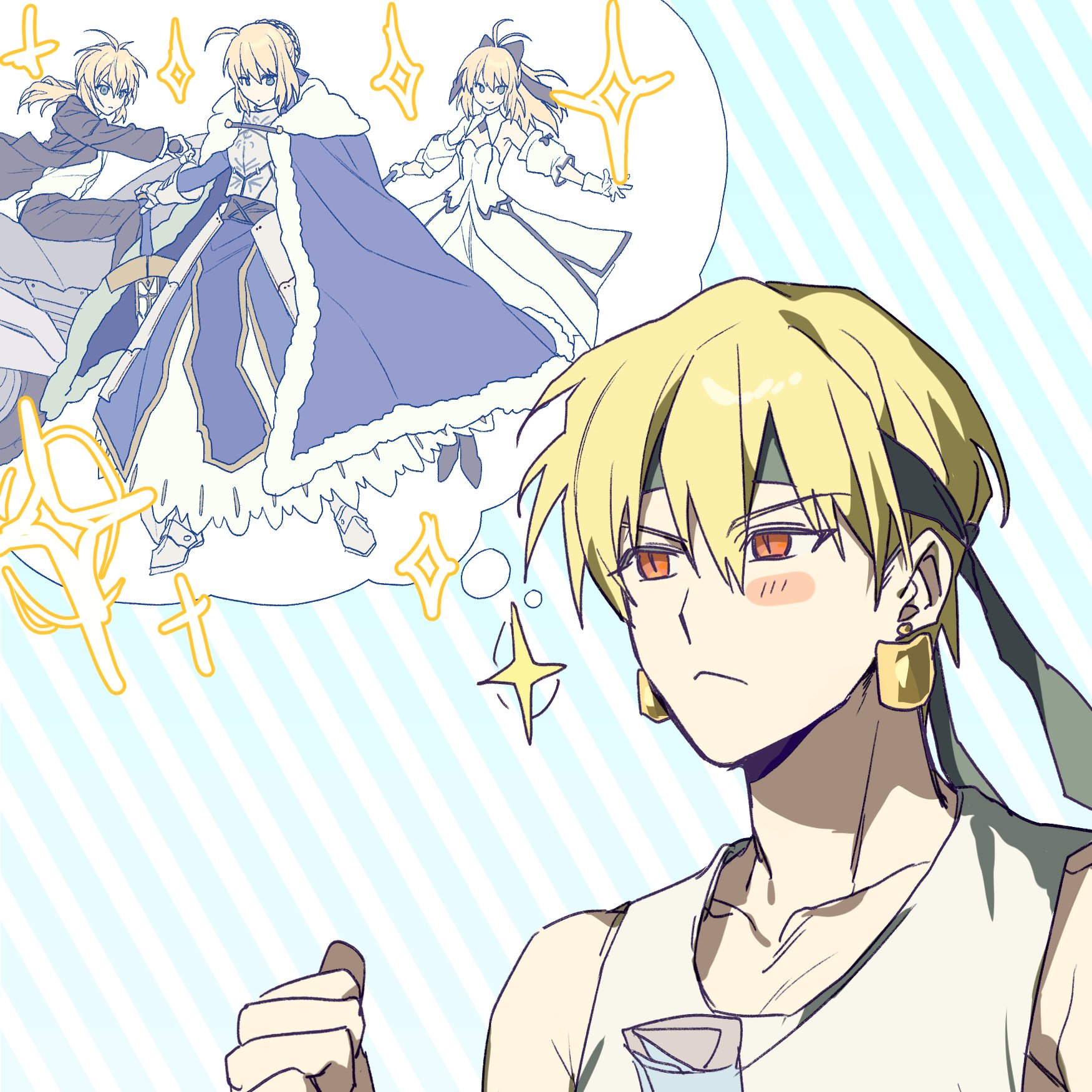 0304rong0304, artoria pendragon (fate), gilgamesh (fate), saber (fate), saber lily, fate/grand order, fate (series), commentary request, highres, korean commentary, 1boy, 3girls, :<, armor, armored dress, blue cape, blue dress, cape, clenched hand, detached sleeves, diagonal-striped background, dress, dual persona, earrings, excalibur (fate/stay night), fur-trimmed cape, fur trim, gloves, green headband, headband, imagining, jewelry, long dress, motor vehicle, motorcycle, multiple girls, planted, planted sword, planted weapon, sparkle, speech bubble, striped background, sword, tank top, thought bubble, weapon, white gloves, white tank top