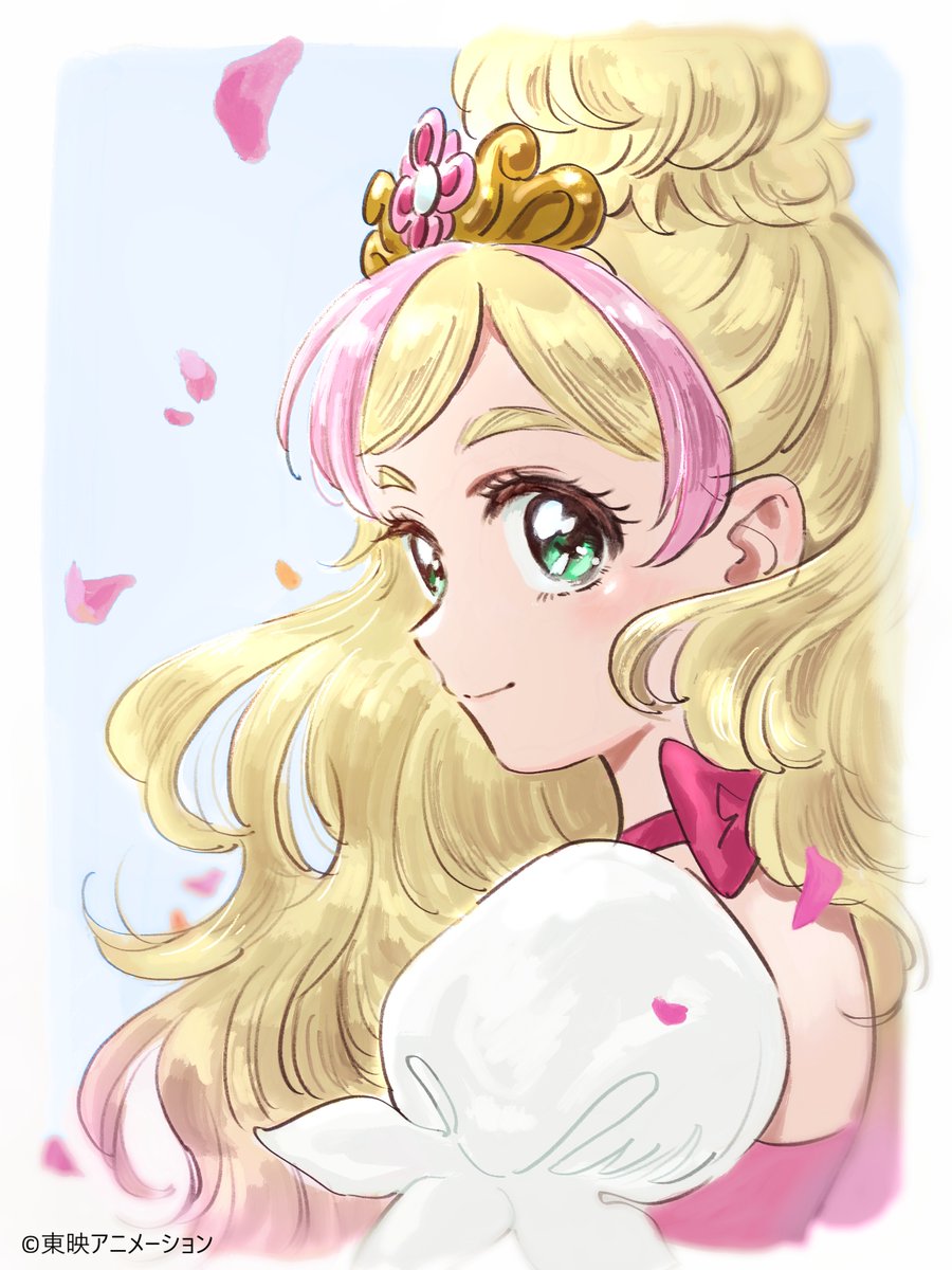 nakatani yukiko, cure flora, haruno haruka, go! princess precure, precure, commentary request, highres, official art, blonde hair, blue sky, blush, choker, crown, dress, green eyes, long hair, looking at viewer, magical girl, multicolored hair, petals, pink choker, pink dress, pink hair, pink petals, puffy short sleeves, puffy sleeves, ribbon choker, short sleeves, sky, smile, thick eyebrows, two-tone hair, white sleeves