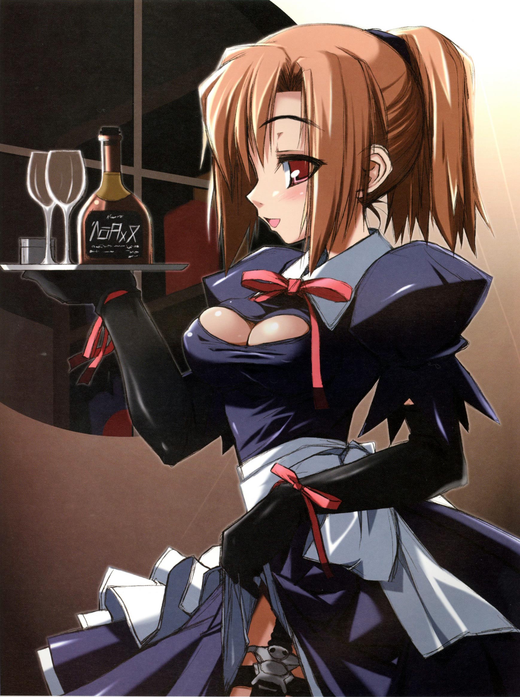 haga yui, yui haga, highres, 1girl, blush, bottle, breasts, cleavage, cleavage cutout, clothing cutout, dagger, dress, female focus, gloves, knife, large breasts, red eyes, ribbon, smile, solo, waitress, weapon