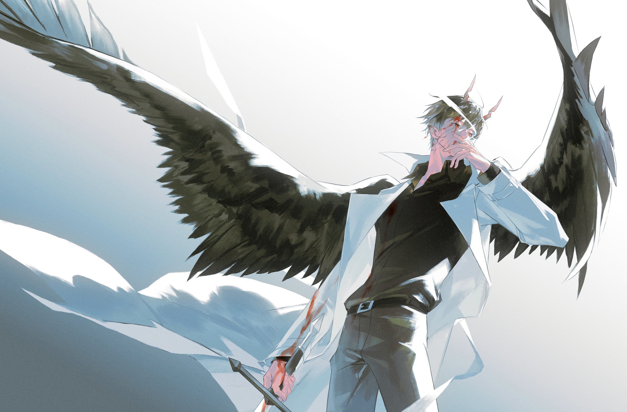 kim dokja, omniscient reader's viewpoint, chinese commentary, commentary request, highres, 1boy, belt, black hair, black shirt, black wings, blood, blood on clothes, blood on face, blood on hands, clenched hand, collared shirt, contrapposto, covering own mouth, cowboy shot, demon horns, feathered wings, goo g000, hand up, holding, holding sword, holding weapon, horns, looking to the side, male focus, official alternate costume, one eye closed, red eyes, shirt, short hair, sidelighting, solo, sword, weapon, wind, wind lift, wings