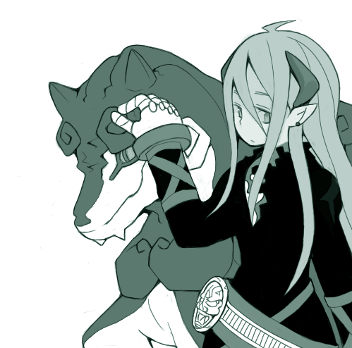 ktg, fou-lu, won-qu, breath of fire, breath of fire iv, lowres, md5 mismatch, resolution mismatch, source smaller, 1boy, green theme, long hair, male focus, monochrome, monster, solo