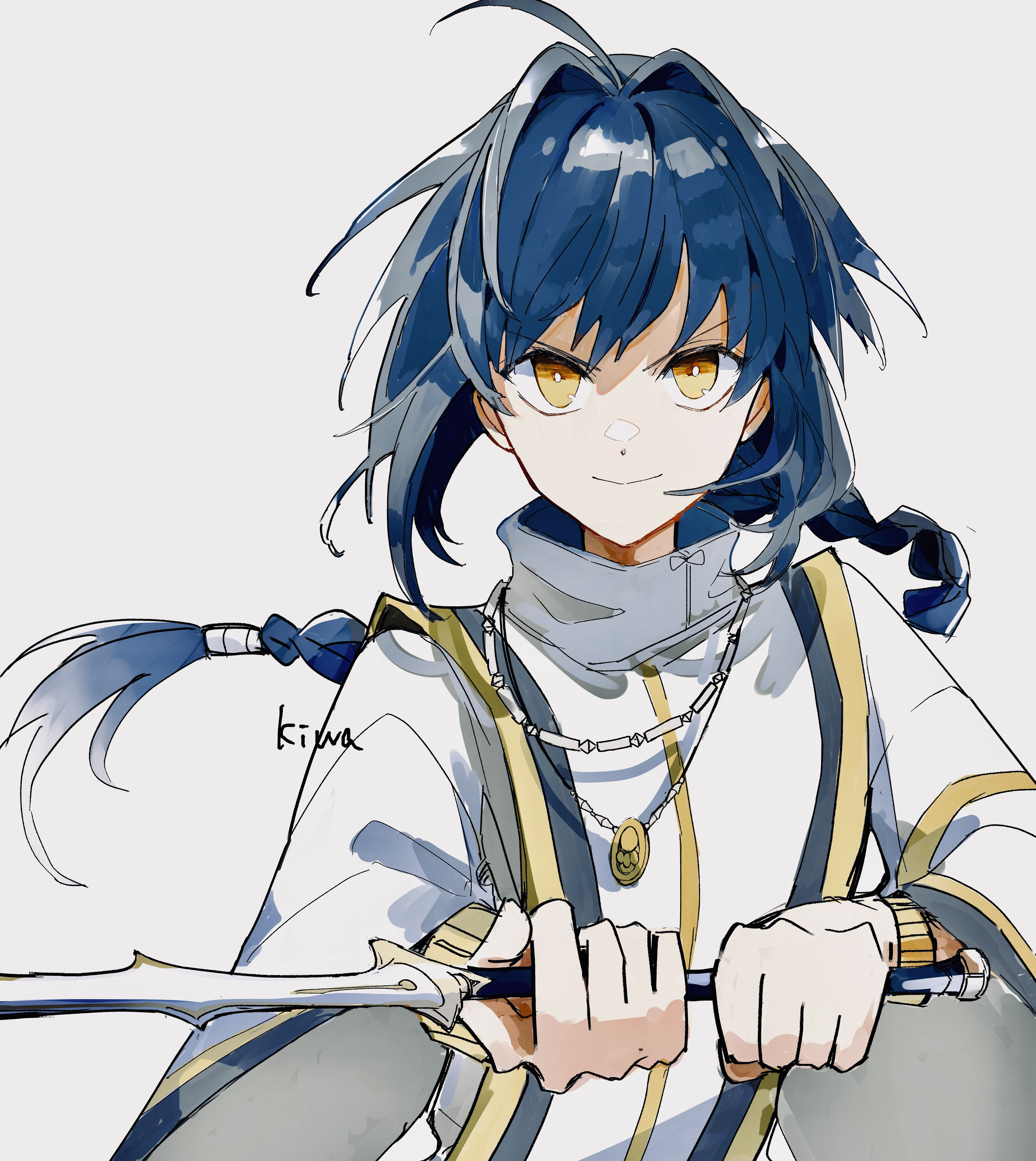 ki wa001, yamato takeru (fate), fate/grand order, fate/samurai remnant, fate (series), absurdres, highres, 1other, ahoge, androgynous, black hair, braid, braided ponytail, hair intakes, holding, holding sword, holding weapon, japanese clothes, jewelry, kimono, long hair, looking at viewer, necklace, orange eyes, sidelocks, simple background, single braid, smile, sword, topknot, weapon, white background
