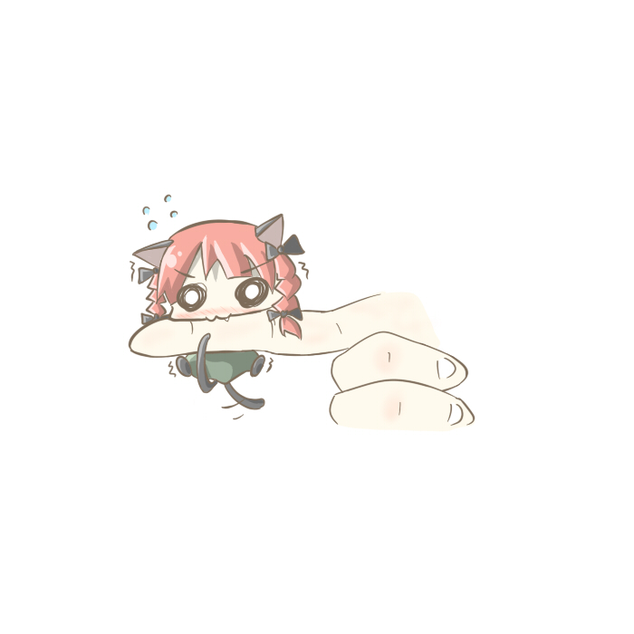 aoblue, kaenbyou rin, touhou, biting finger, >:3, 1girl, :3, animal ears, biting, blush, bow, braid, cat ears, cat girl, cat tail, chibi, fang, female focus, hair bow, hair ornament, hand focus, mini person, minigirl, multiple tails, nekomata, o o, solo, sweat, tail, twin braids, v-shaped eyebrows, white background
