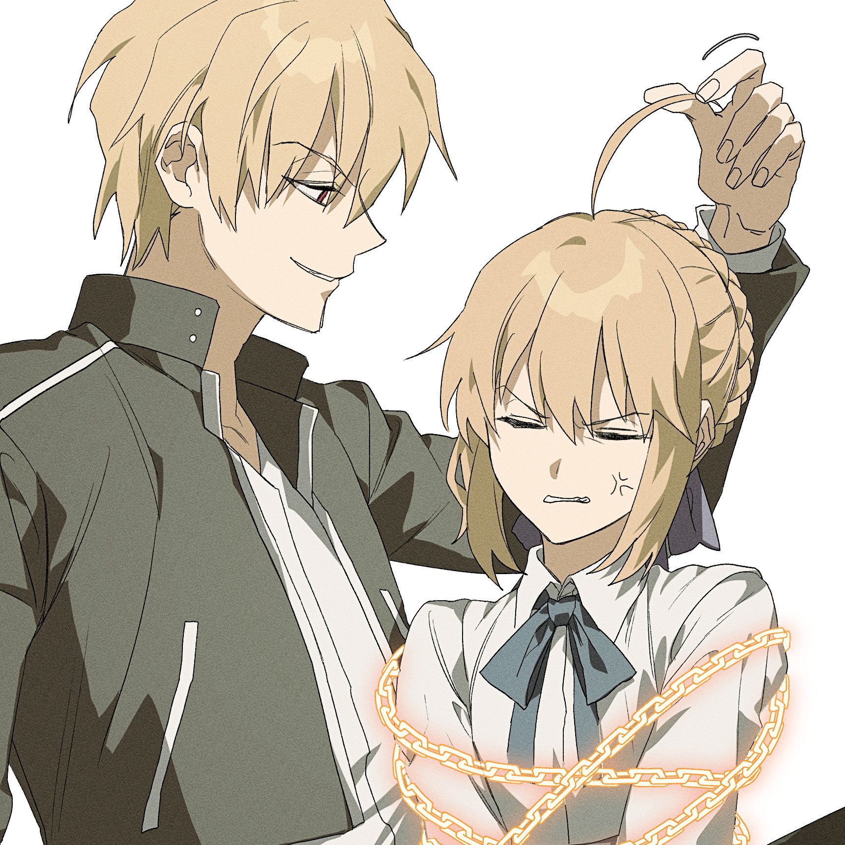 0304rong0304, artoria pendragon (fate), gilgamesh (fate), gilgamesh (immoral biker jacket) (fate), saber (fate), fate/stay night, fate (series), commentary request, highres, korean commentary, 1boy, 1girl, ahoge, anger vein, black jacket, blonde hair, braid, chain, chained, closed eyes, enkidu (weapon) (fate), glowing, jacket, red eyes, smile