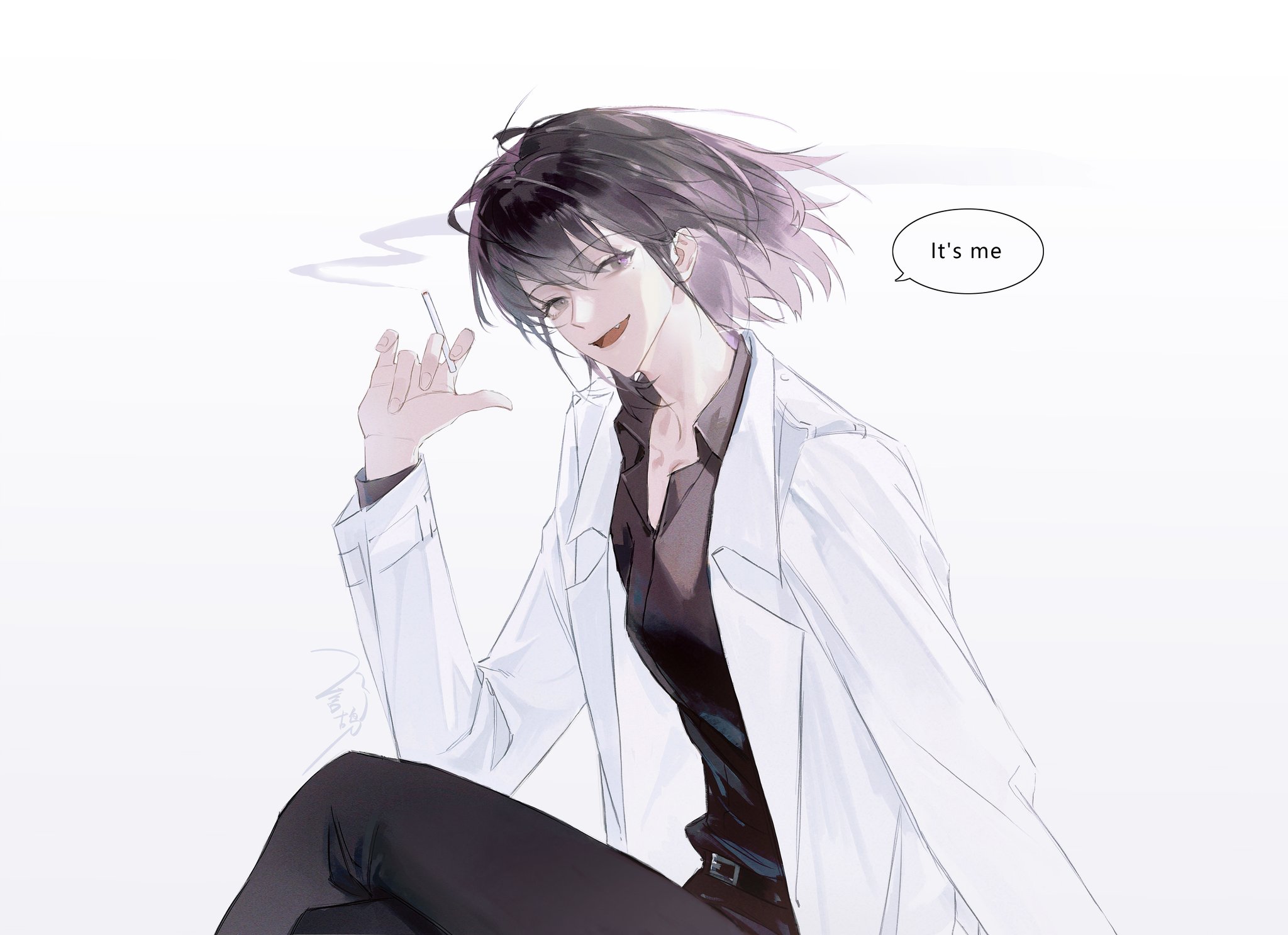 han sooyoung, omniscient reader's viewpoint, highres, 1girl, black eyes, black hair, black shirt, bob cut, cigarette, coat, collared shirt, english text, feet out of frame, goo g000, hair flowing over, head tilt, holding, holding cigarette, looking at viewer, open clothes, open coat, popped collar, shirt, short hair, smile, smoke, smoke trail, solo, speech bubble, white coat