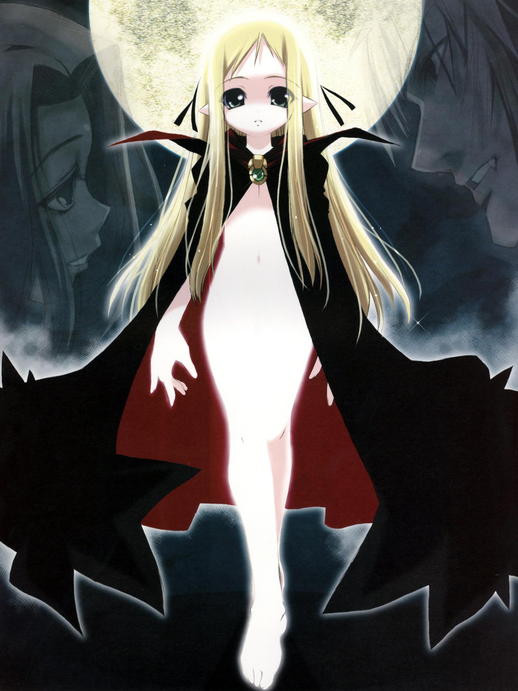 haga yui, yui haga, highres, barefoot, blonde hair, cloak, loli, moon, navel, pointy ears, solo