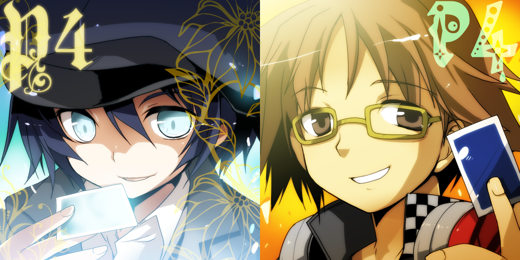kamiyoshi rika, hanamura yousuke, shirogane naoto, atlus, persona, persona 4, 1boy, 1girl, blue eyes, blue hair, brown eyes, brown hair, card, glasses, headphones, holding, holding card, reverse trap, school uniform