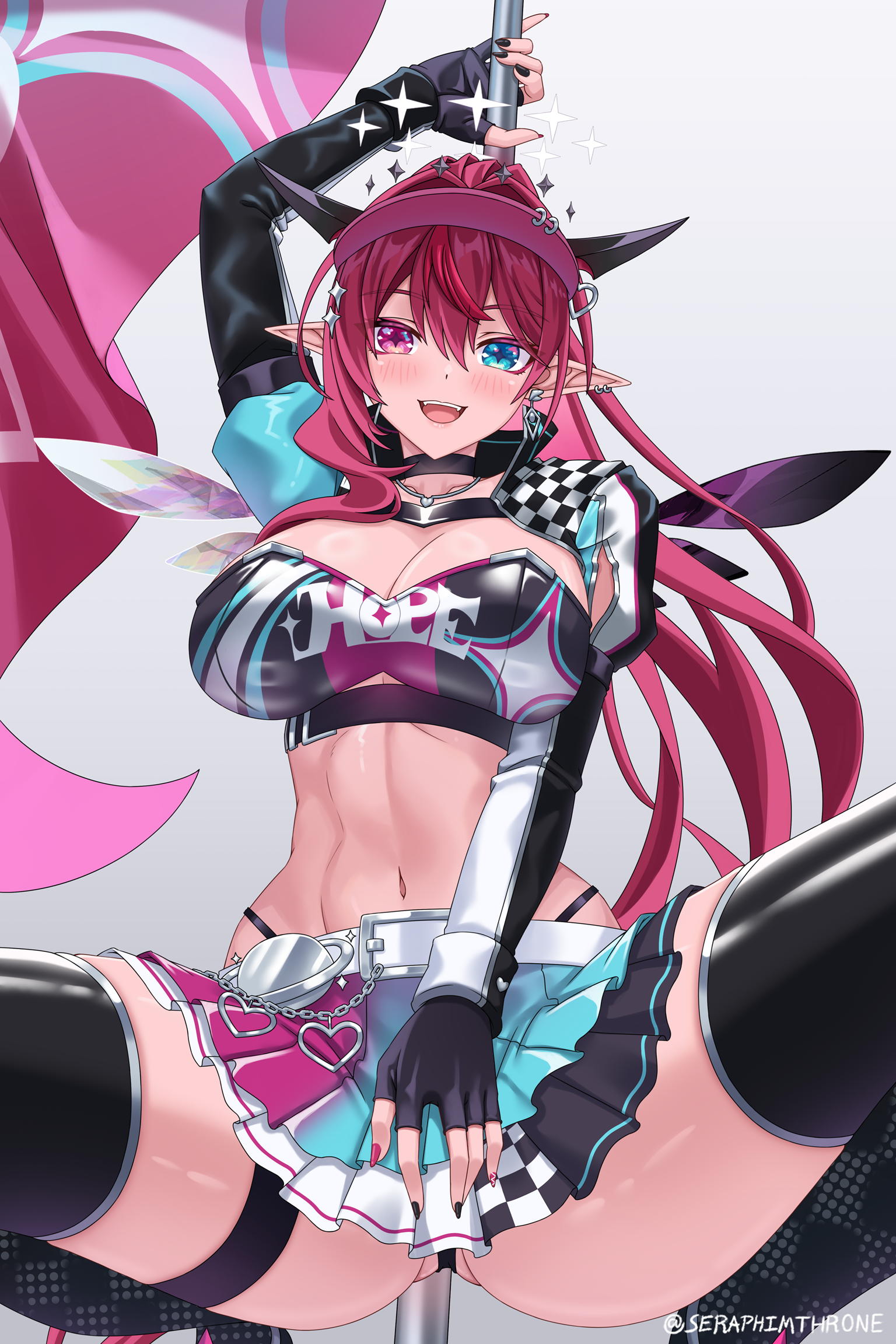 seraphim throne, irys (hololive), irys (race queenrys) (hololive), hololive, hololive english, commentary, english commentary, highres, paid reward available, 1girl, black skirt, blue eyes, blue skirt, breasts, cameltoe, cleavage, flag, halo, heterochromia, holding, holding flag, horns, large breasts, long hair, looking at viewer, miniskirt, multicolored skirt, navel, official alternate costume, pleated skirt, pointy ears, ponytail, purple skirt, race queen, red hair, skirt, smile, solo, virtual youtuber, white skirt