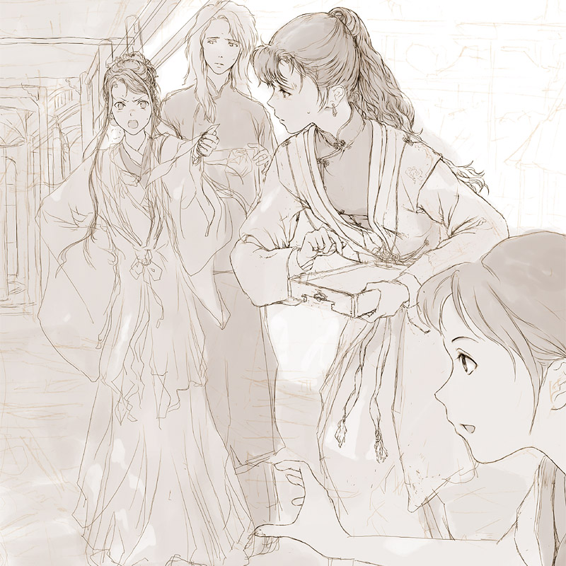 shiika sadamasa, keiki (juuni kokuki), nakajima youko, ouki suzu, shoukei, shoukei (juuni kokuki), juuni kokuki, traditional media, 1boy, 3girls, changpao, chinese clothes, hanfu, monochrome, multiple girls, ponytail, sketch