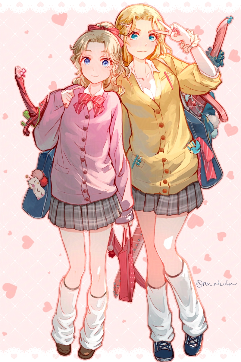 ren mizuha, celes chere, moogle, tina branford, dissidia duellum final fantasy, dissidia final fantasy, final fantasy, final fantasy vi, hibike! euphonium, liz to aoi tori, highres, 2girls, alternate costume, bag, blonde hair, blue shoes, bow, bowtie, breasts, brown shoes, cardigan, character charm, charm (object), cleavage, closed mouth, collared shirt, full body, grey skirt, hair bow, hair ornament, hairclip, loafers, long hair, loose socks, medium breasts, multiple girls, official alternate costume, parted lips, pink cardigan, plaid clothes, plaid skirt, pleated skirt, red bow, red bowtie, school uniform, scrunchie, shirt, shoes, shopping bag, shoulder bag, skirt, smile, sneakers, socks, striped bow, striped bowtie, striped clothes, sword, twintails, v, weapon, white shirt, white socks, wrist scrunchie, yellow cardigan