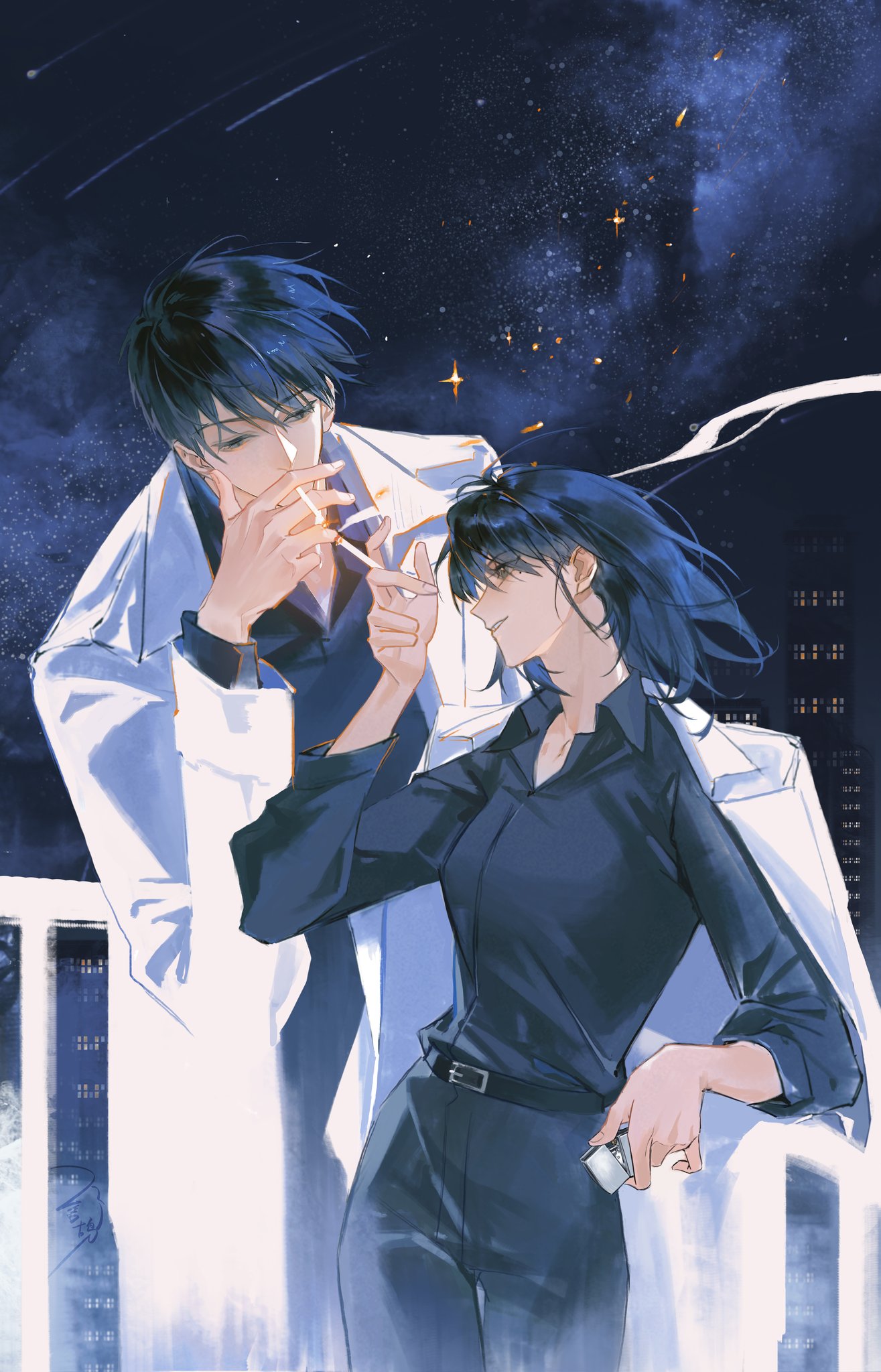 han sooyoung, kim dokja, omniscient reader's viewpoint, highres, 1boy, 1girl, against railing, black eyes, black hair, black shirt, bob cut, cigarette, cigarette kiss, coat, coat on shoulders, collared shirt, contrapposto, cowboy shot, embers, goo g000, hair flowing over, hetero, holding, holding cigarette, holding lighter, lighter, looking at another, matching outfits, meteor shower, night, open clothes, open coat, popped collar, railing, shirt, short hair, sky, skyline, smirk, smoking, sparkle, star (sky), starry sky, white coat