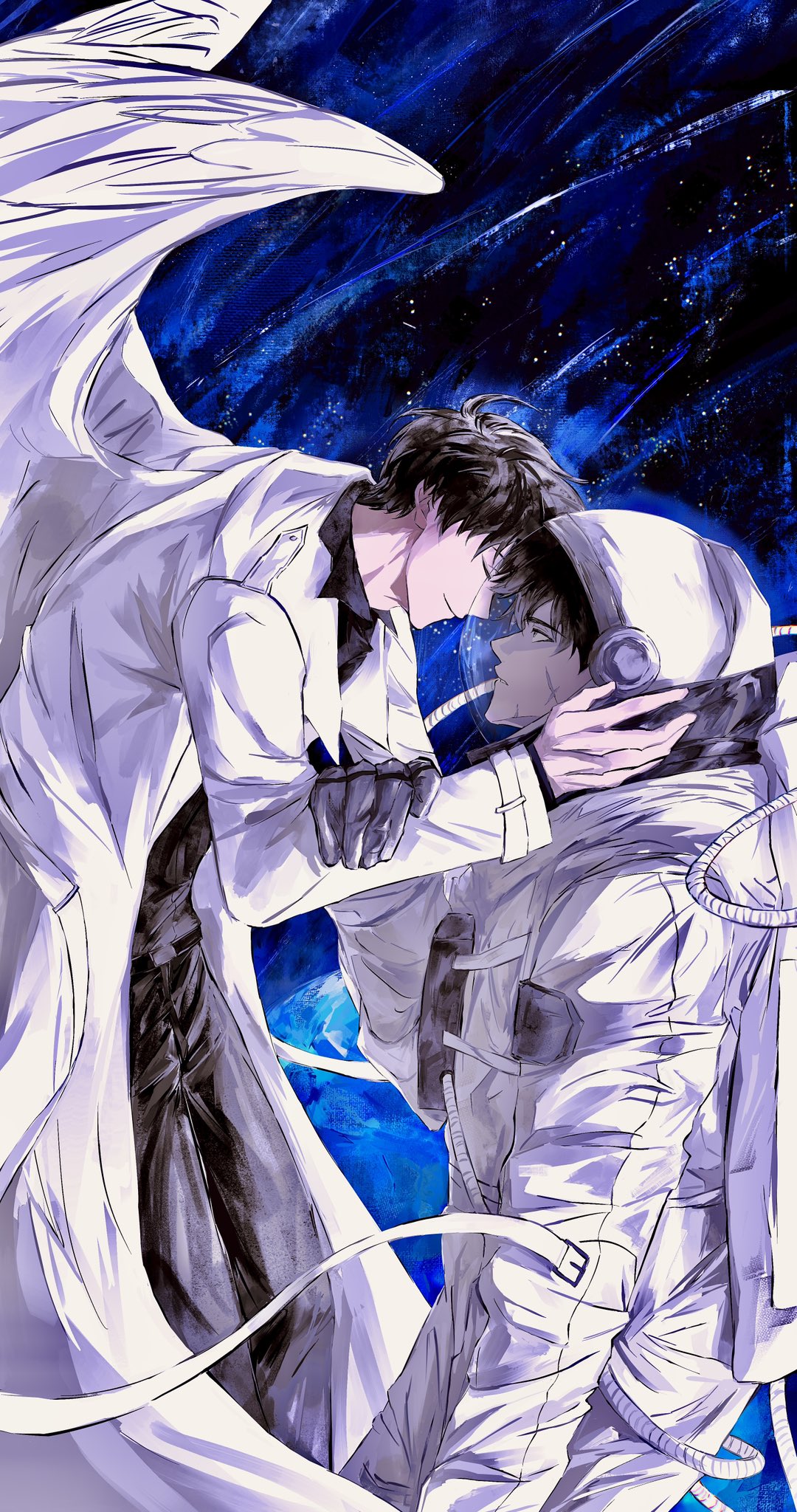 kim dokja, yoo joonghyuk, omniscient reader's viewpoint, commentary, hashtag-only commentary, highres, symbol-only commentary, 2boys, 8d2suga9, astronaut, black gloves, black hair, black shirt, closed eyes, coat, cowboy shot, cross scar, feathered wings, forehead-to-forehead, gloves, hand on another's arm, hand on another's headwear, heads together, helmet, looking at another, male focus, multiple boys, official alternate costume, open clothes, open coat, scar, scar on face, shirt, short hair, sky, slouching, smile, space, space helmet, spacesuit, star (sky), starry sky, tether, white coat, white wings, wings