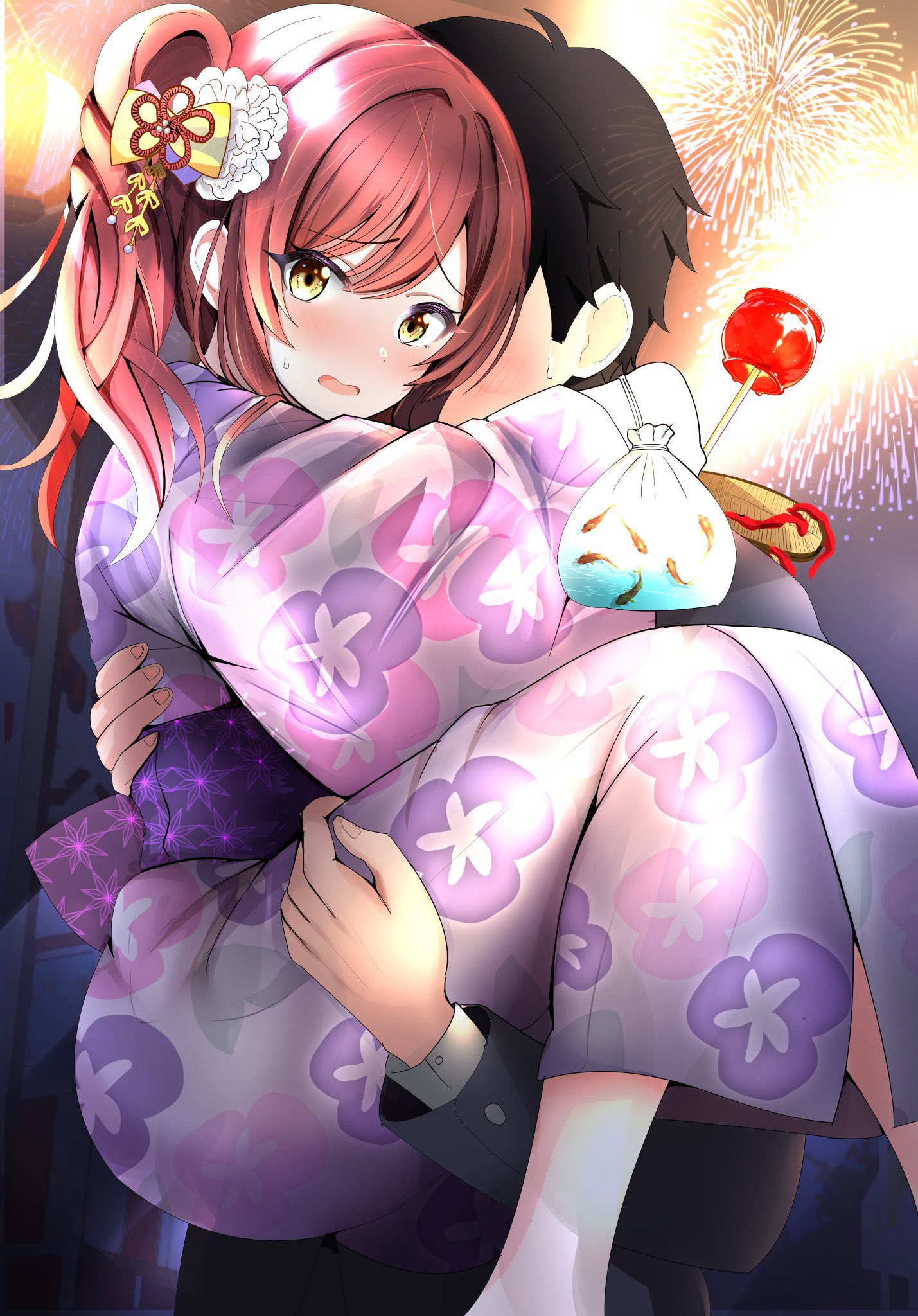 shingi (truth fakesingi), osaki amana, producer (idolmaster), idolmaster, idolmaster shiny colors, highres, 1boy, 1girl, aerial fireworks, arms around neck, averting eyes, blush, candy apple, carrying, carrying person, couple, embarrassed, fireworks, floral print, flower, food, hair flower, hair ornament, holding, holding candy apple, holding food, japanese clothes, kimono, long hair, long sleeves, obi, official alternate costume, official alternate hairstyle, open mouth, pink kimono, princess carry, print kimono, red hair, sash, side ponytail, summer festival, sweat, sweatdrop, swept bangs, wide sleeves, yellow eyes, yukata