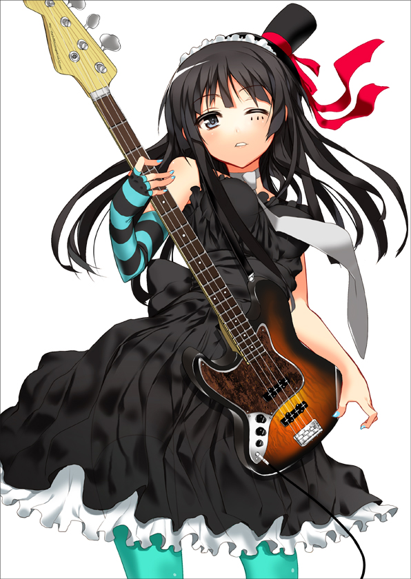 char, akiyama mio, don't say "lazy", k-on!, striped, 00s, 1girl, bass guitar, black hair, blue nails, blue pantyhose, blunt bangs, facepaint, female focus, gloves, hat, hime cut, instrument, long hair, mini hat, mini top hat, nail polish, one eye closed, pantyhose, single glove, solo, top hat, wink