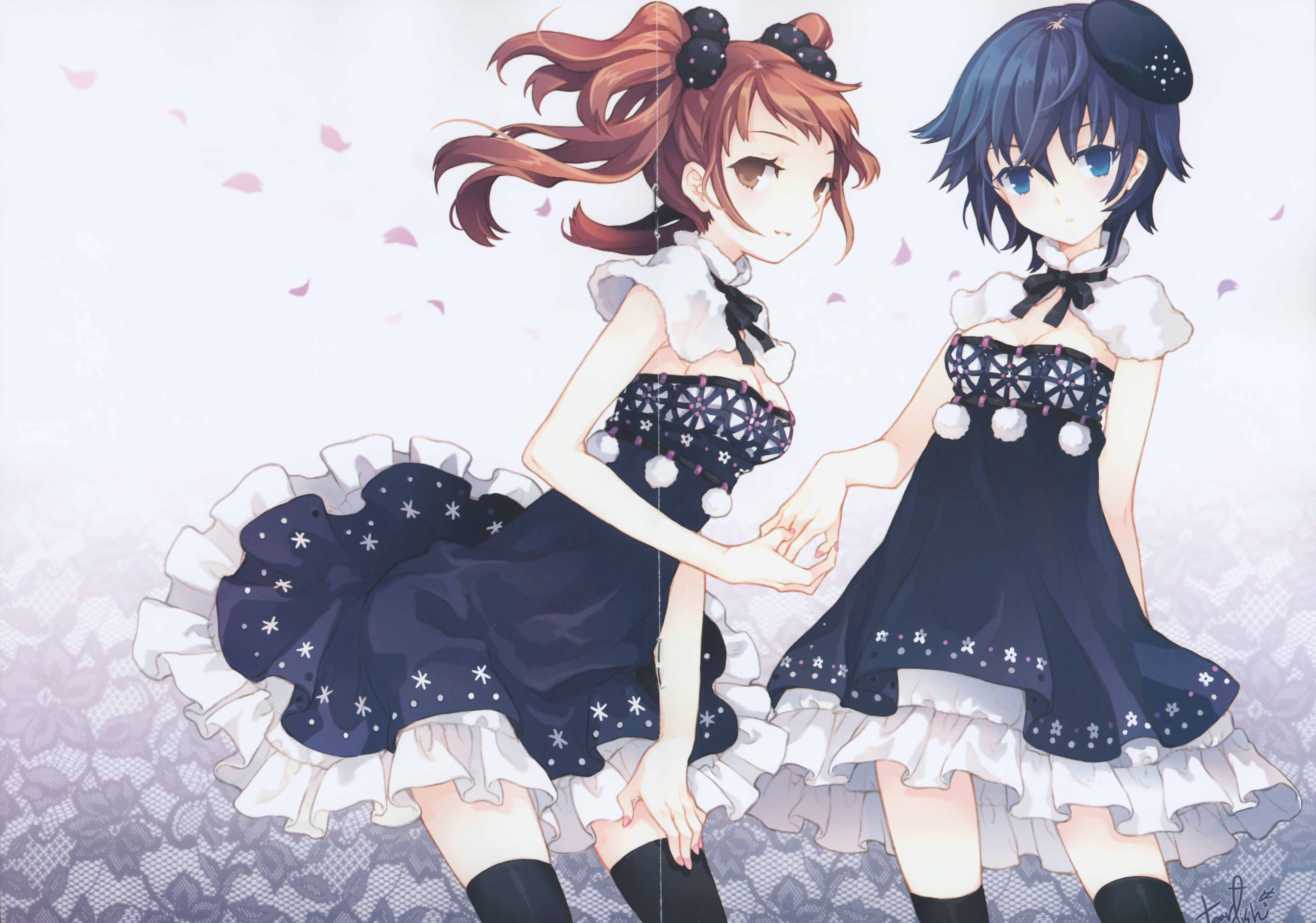 tearfish, kujikawa rise, shirogane naoto, atlus, persona, persona 4, black legwear, absurdres, highres, huge filesize, scan, 2girls, black hair, blue eyes, breasts, brown eyes, brown hair, cleavage, medium breasts, multiple girls, nail polish, short hair, thighhighs, twintails, zettai ryouiki