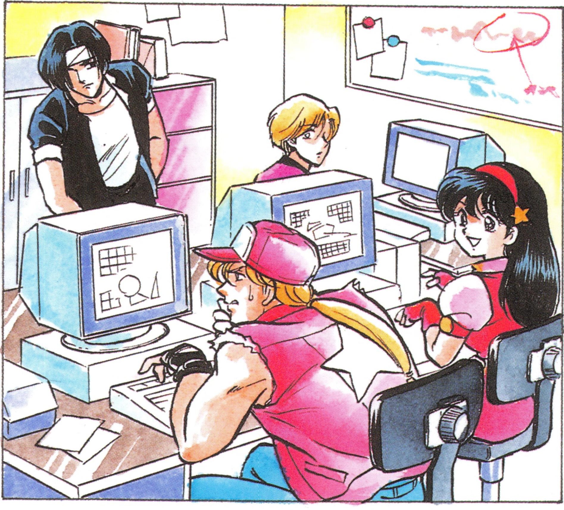 asamiya athena, king (snk), kusanagi kyou, terry bogard, the king of fighters, highres, 2girls, blonde hair, computer, hairband, long hair, monitor, multiple girls, short hair, smile, star (symbol)