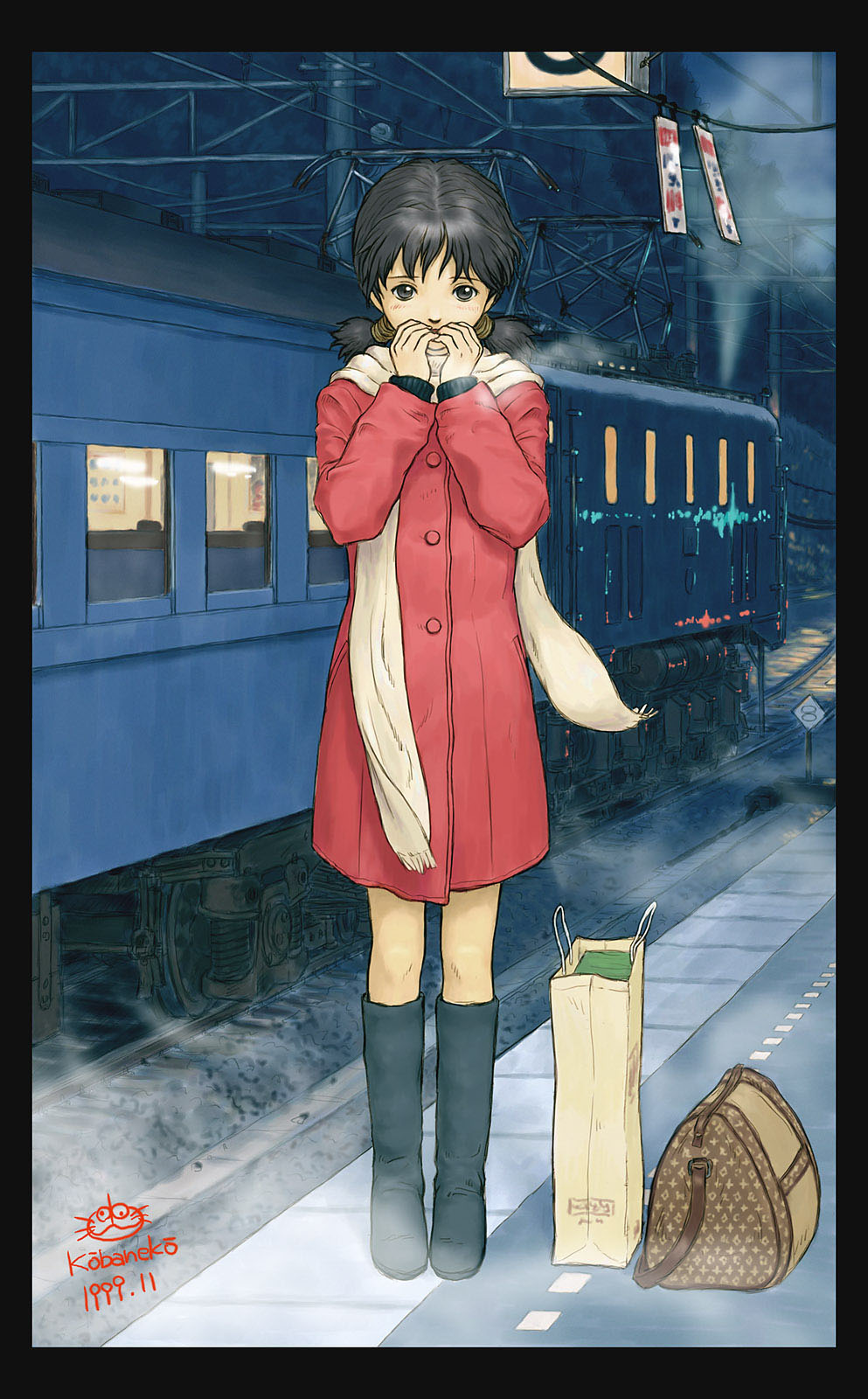 kobaneko, original, highres, bag, black hair, blush, boots, breath, coat, cold, electric locomotive, grey eyes, locomotive, scarf, short hair, solo, train, twintails