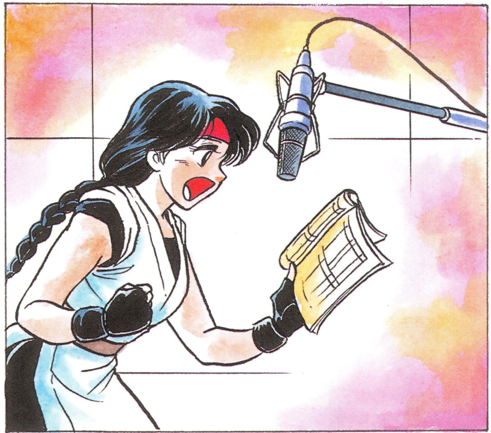 yuri sakazaki, the king of fighters, highres, 1girl, black eyes, black hair, book, braid, braided ponytail, breasts, dougi, female focus, gloves, hand up, holding, indoors, karate gi, large breasts, long hair, microphone, open mouth, pale skin, room, standing, thick thighs, thighs