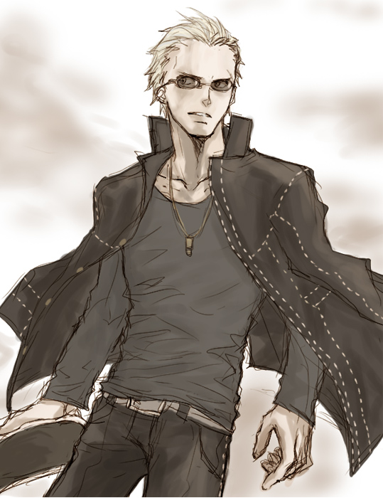 gogono pan'ya, tatsumi kanji, atlus, persona, persona 4, looking away, 1boy, belt, bullet, chair, glasses, jacket, jacket on shoulders, jewelry, male focus, monochrome, necklace, pants, scar, sepia, solo, sunglasses