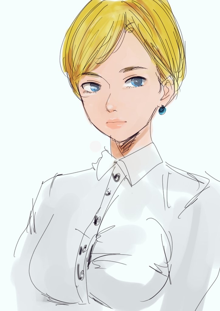 tucon b, king (snk), the king of fighters, 1girl, blonde hair, blue eyes, breasts, earrings, female focus, jewelry, large breasts, pale skin, shirt, short hair, white shirt